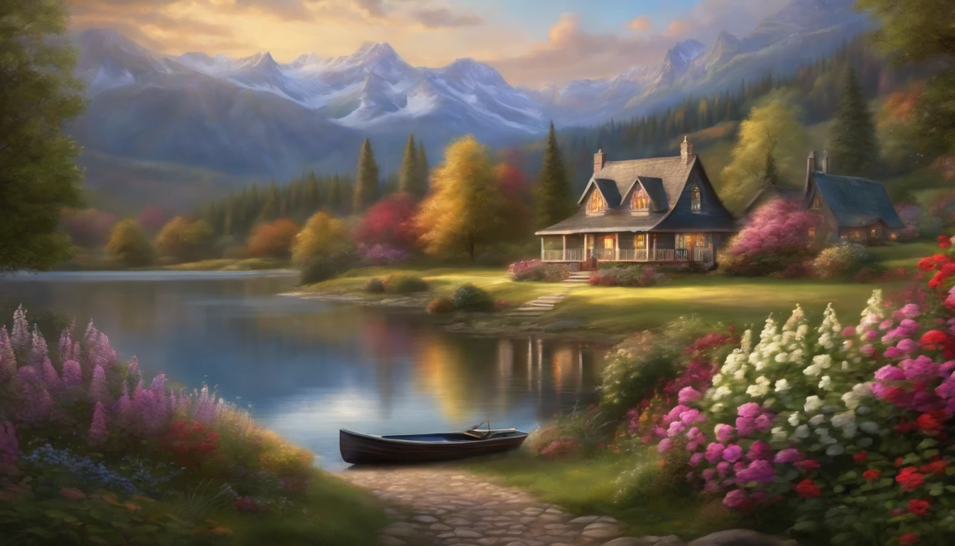 painting of a cottage, flowers beside of fence, fence along the road, mountain landscape with a lake and a boat, illustration matte painting, inspired by Thomas Kinkade, symmetric matte painting, detailed scenery , style raw, 8 k ultra detailed