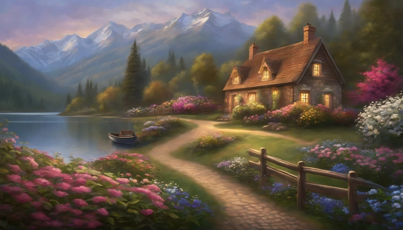 painting of a cottage, flowers beside of fence, fence along the road, mountain landscape with a lake and a boat, illustration matte painting, inspired by Thomas Kinkade, symmetric matte painting, detailed scenery , style raw, 8 k ultra detailed