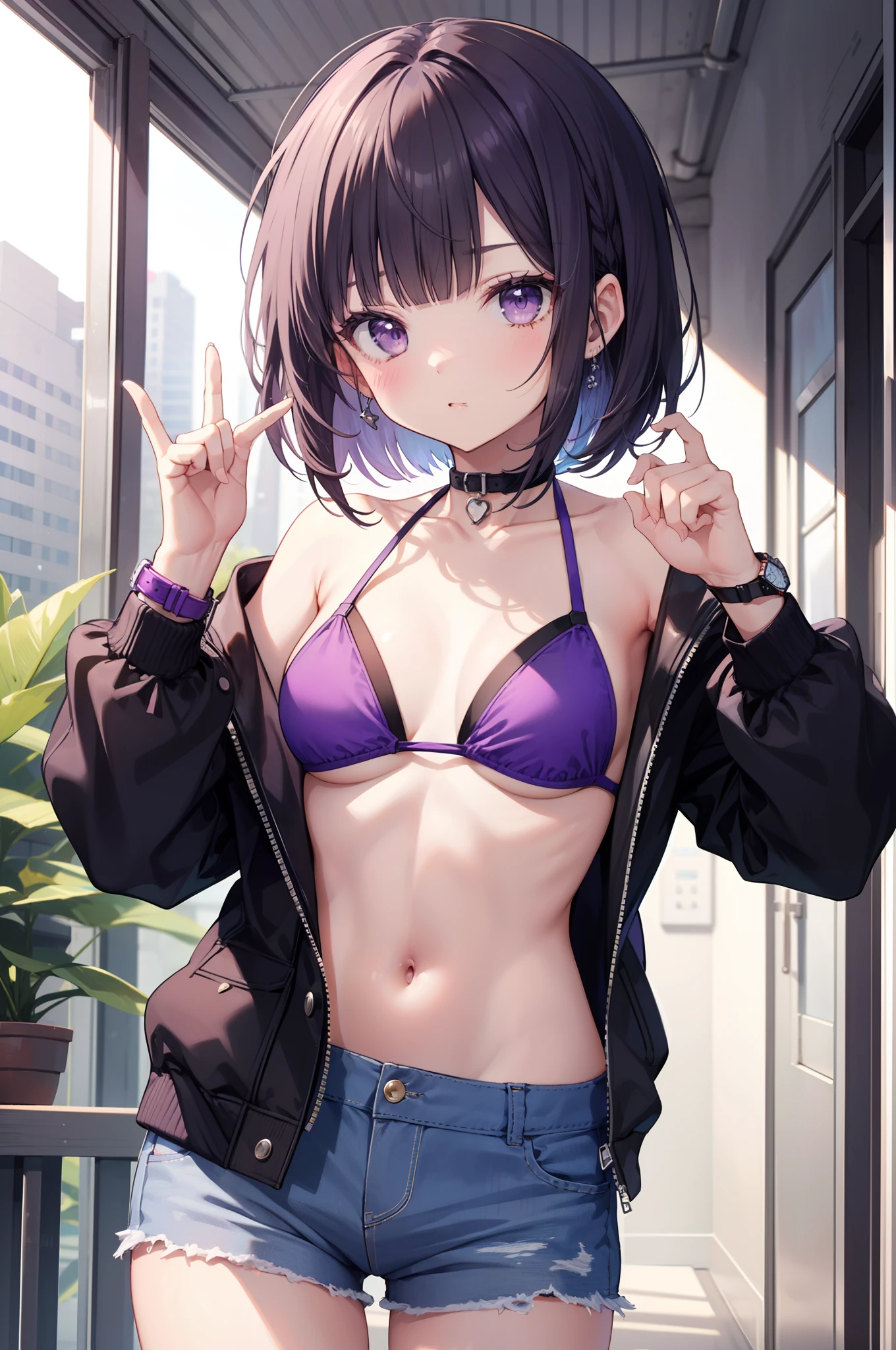 girl, cool girl, purple bikini, solo, blunt bangs, short bob hair, cool and cute pose,, armpit, , purple and black jacket, wristwatch, hot pants, medium breasts, complete fingers, five fingers, petit, short body