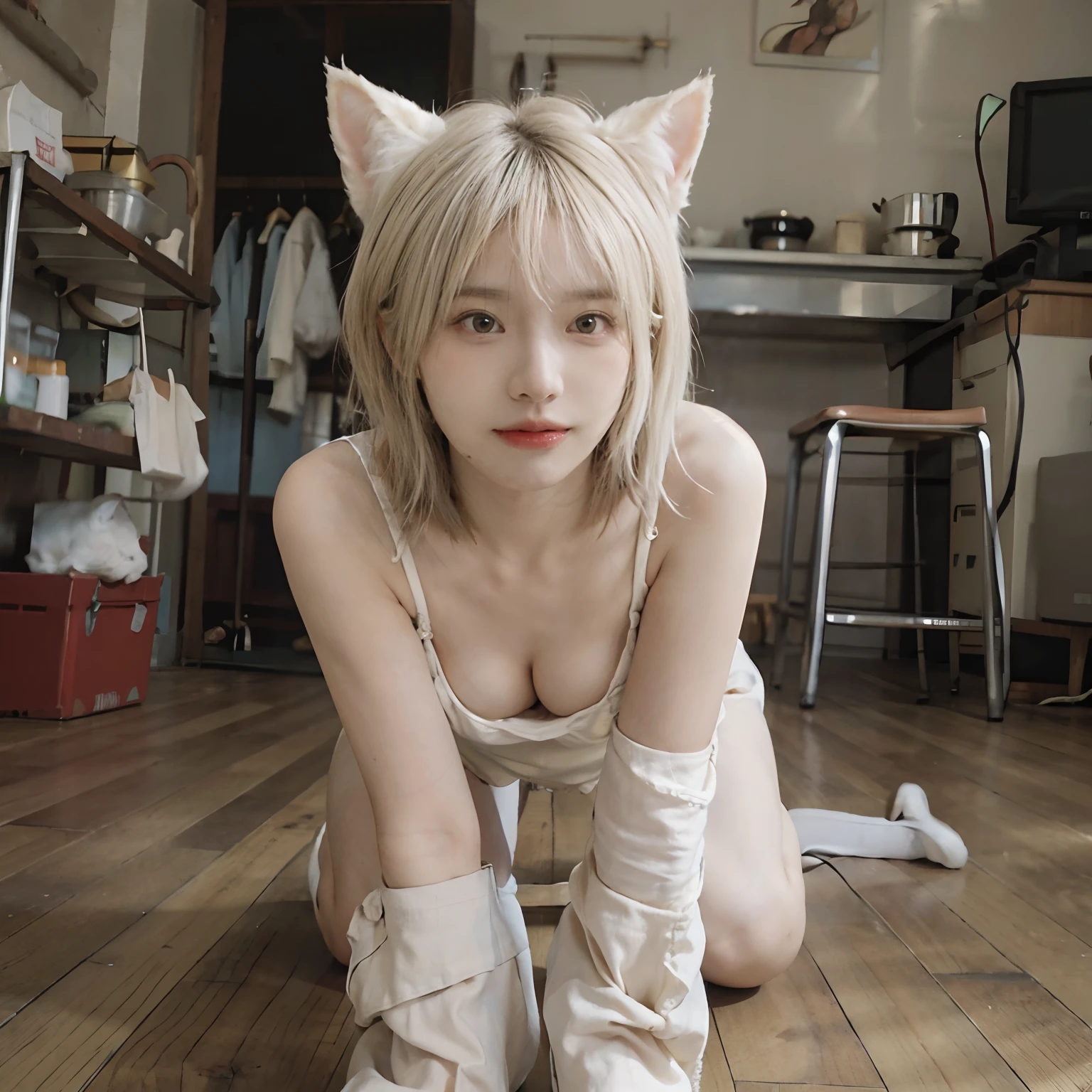 8K,((NSFW))、(Being on all fours)、((in one's underwear only))、(((Cream hair color))) 、undersized head、Best Quality, masutepiece, Ultra High Resolution, (Realism: 1.4), Original photo, (True skin texture: 1.3), (Film grain: 1.3), Beautiful eyes and face details, masutepiece, Best Quality, close up, Full body、short-cut、18year old、Cream-colored cat ears