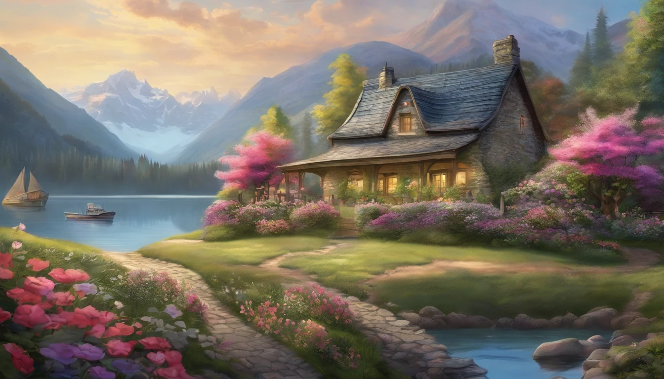 painting of a cottage, flowers beside of fence, fence along the road, mountain landscape with a lake and a boat, illustration matte painting, inspired by Thomas Kinkade, symmetric matte painting, detailed scenery , style raw, 8 k ultra detailed