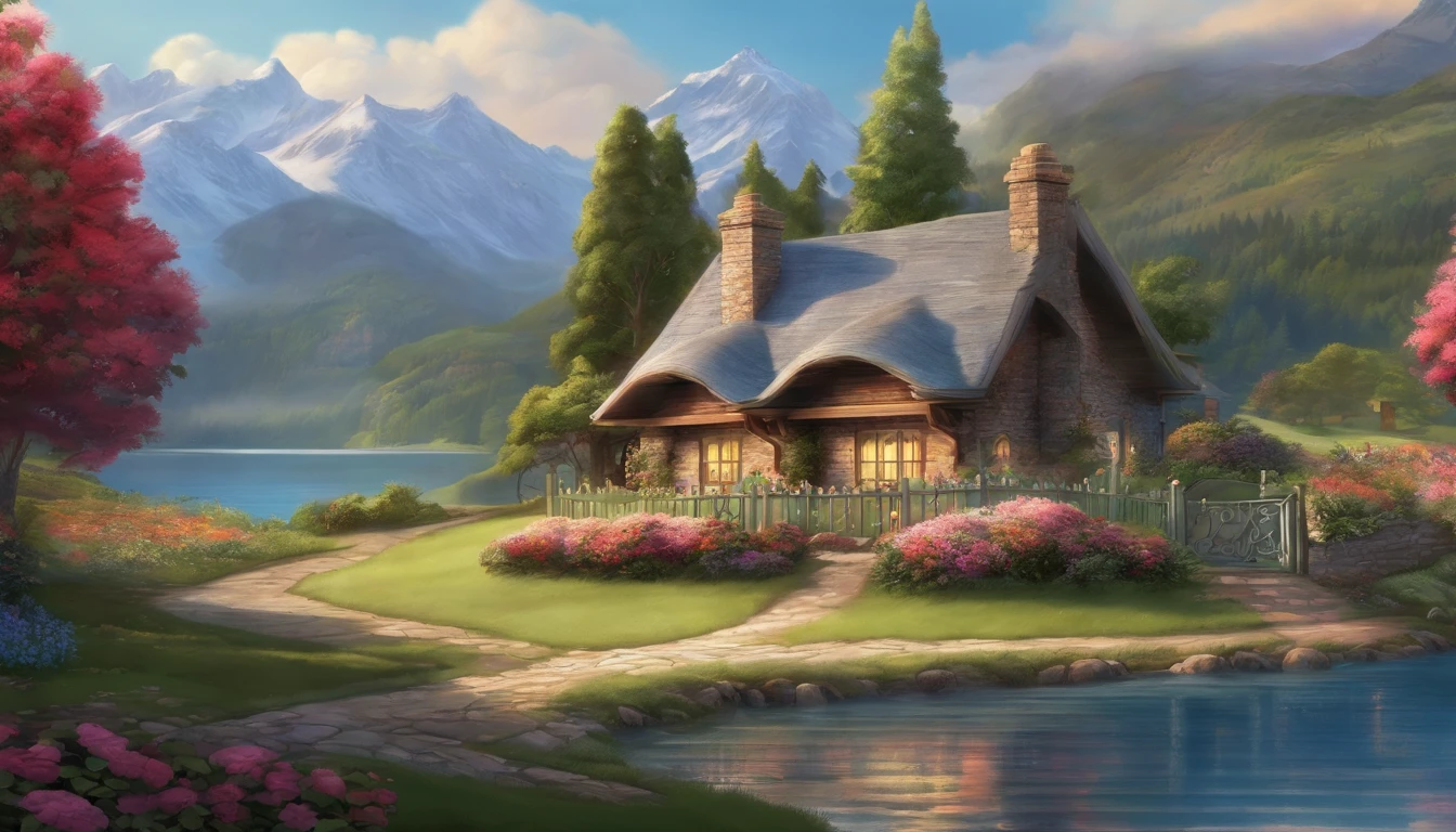 painting of a cottage, flowers beside of fence, fence along the road, mountain landscape with a lake and a boat, illustration matte painting, inspired by Thomas Kinkade, symmetric matte painting, detailed scenery , style raw, 8 k ultra detailed