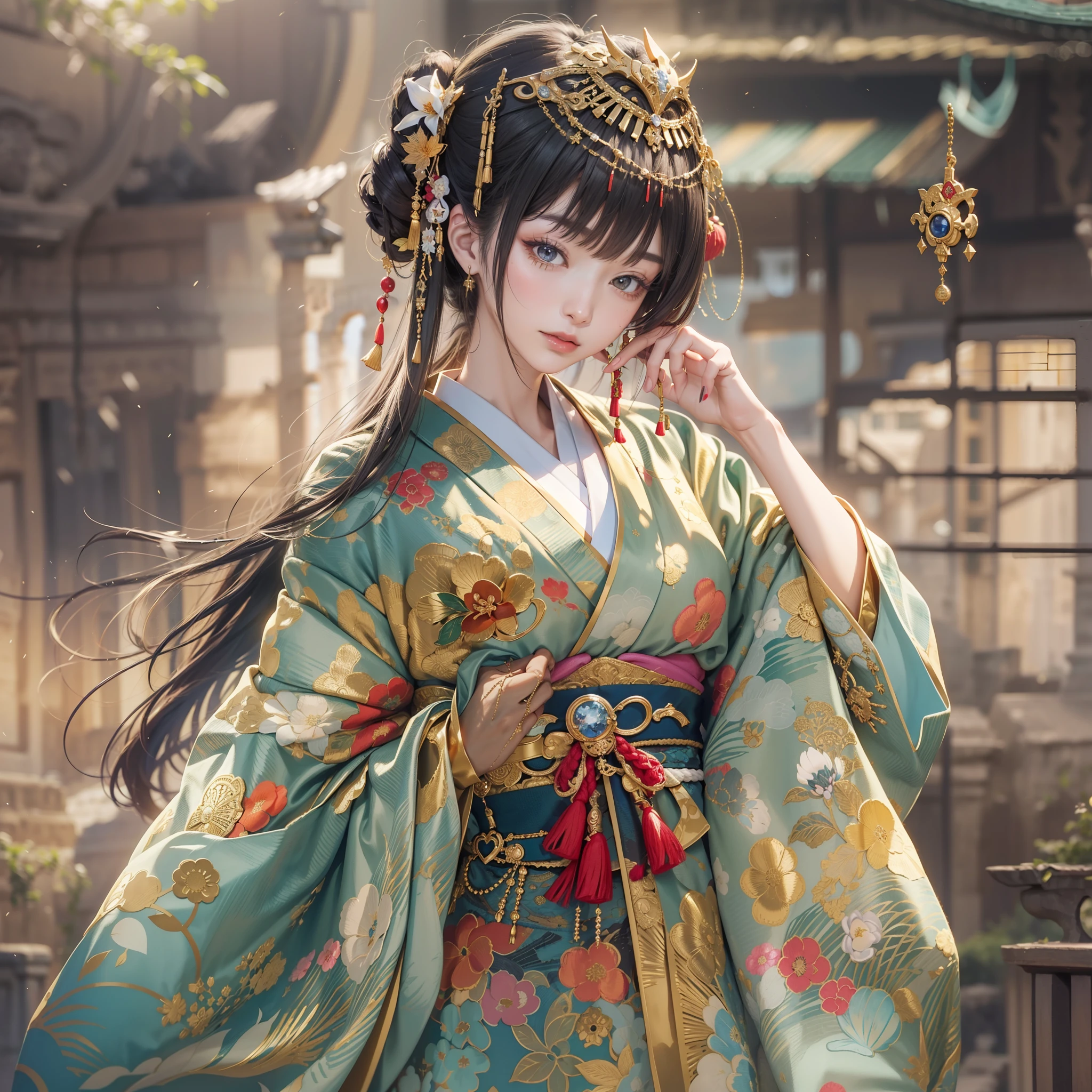 a moon、Detailed background((ancient city:1.5),细致背景)、Elegant backgrounds, BREAK,elaborate costume{Luxury kimono(Colorful kimono(Detailed golden embroidery,))}、Japanese Idol(actress),Depict a beautiful and graceful woman of Japan。glossy dark hair,poneyTail,Heart in the eye。 Wallpapers 16K, .Blur the background with a sickle,((masutepiece)), ((Best Quality)),{{a portrait photo of}},full body Esbian