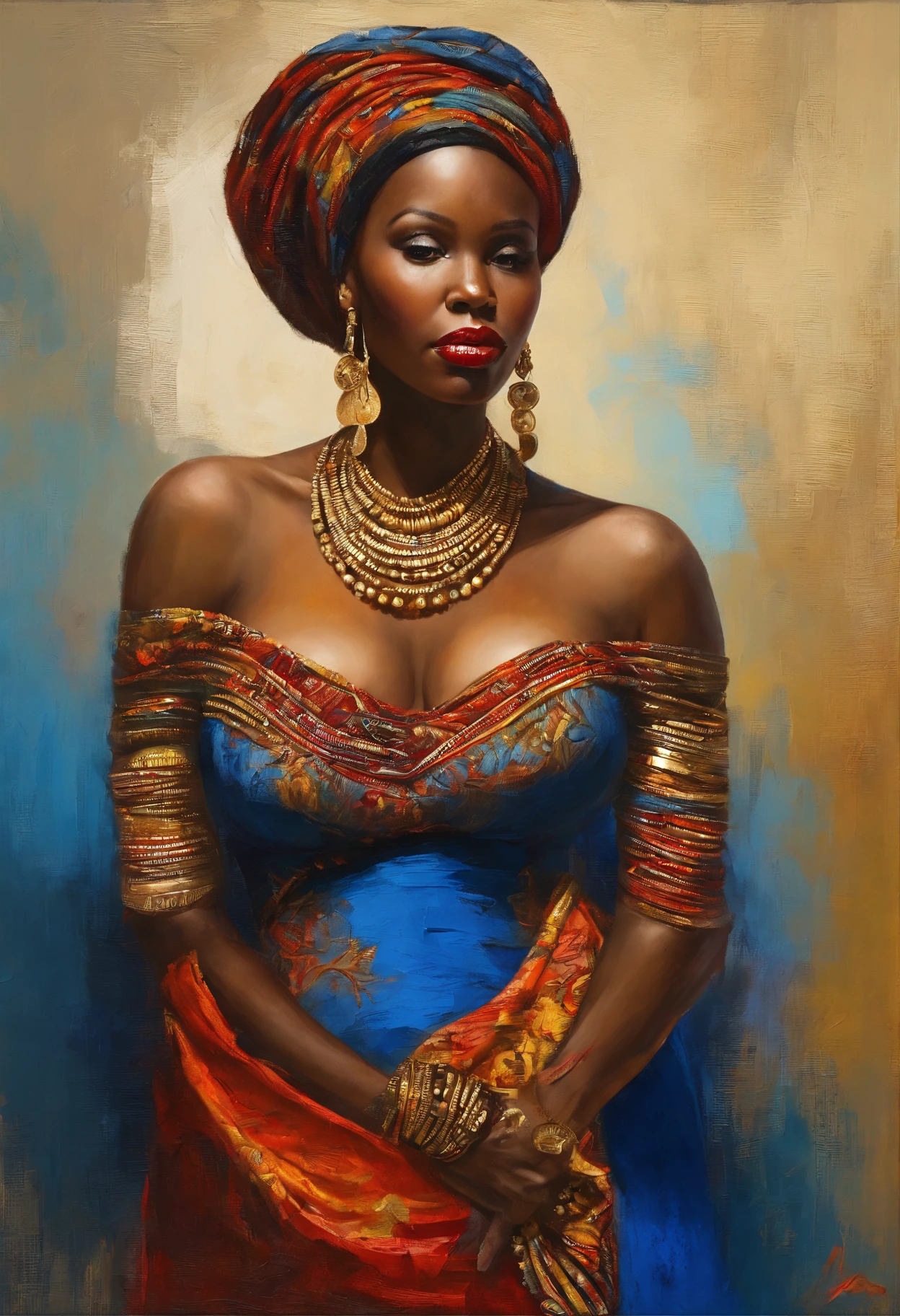 Beautiful woman wearing blue dress, gold jewelry, (((big boobs))), (((cleavage))), vestido ornamentado vermelho,  mulhee negra africana, mulher vermelha bonita, usando um vestido africano, beleza estonteante, mulher deslumbrante, Tema vermelho cabelo ondulado, mulher africana