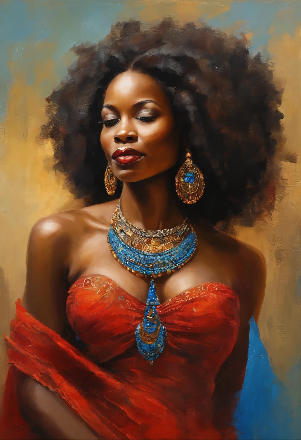 Beautiful woman wearing blue dress, gold jewelry, (((big boobs))), (((cleavage))), vestido ornamentado vermelho, mulhee negra africana, mulher vermelha bonita, usando um vestido africano, beleza estonteante, mulher deslumbrante, Tema vermelho cabelo ondulado, mulher africana