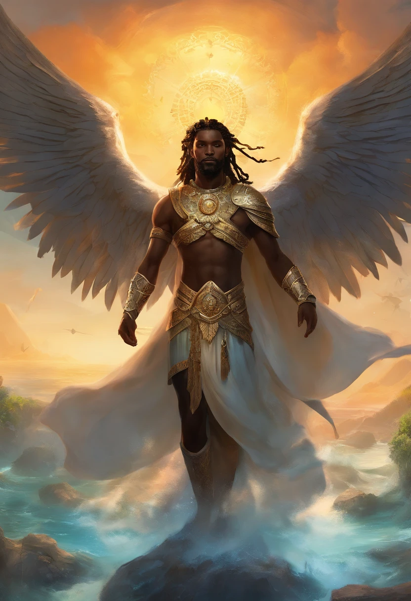 An 8K high-definition portrait of an African black man, anjo de 18 anos, de corpo inteiro, beleza do Deus Ebano, beleza de um deus, muito bonito ((Um homem africano negro,  anjo)) A black angel man with several majestic wings, cabelos longos e cacheados, Deus do Mar, Deus do Oceano, Luthien, arte de deus, Deus da mitologia grega, Deus da Lua, Deus do amor e da paz, deus bonito, Mitologia do Deus da Terra, o deus Eros, Um retrato impressionante de um deus, Frank Kelly Freas, Estilo Karol Bak, ((beautiful face)), Ultra Definition, melhor qualidade, 32k ultra | | ||, Ultra HD | | |