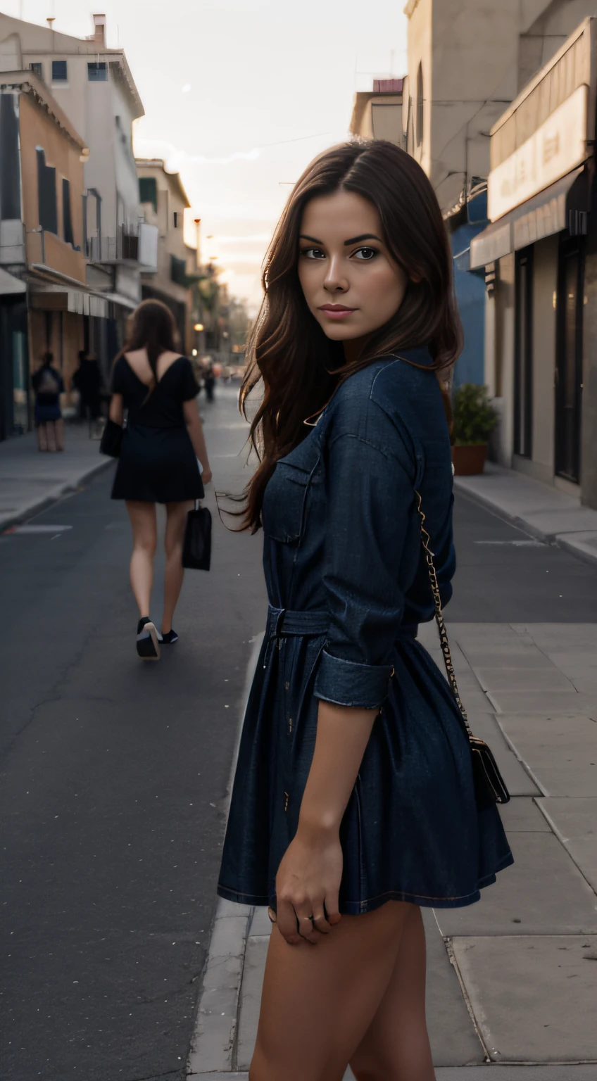 hyper realistic photograph, cute girl, 30 years old, blond har, jeans, 64k, masterpiece, sharp photo, looking at the viewer, dark brown hair, holding a Chanel bag, wearing tight shirt, Venice beach street behind her, Los Angeles behind, dark brown medium hair, perfect body, model looking, realistic photo of a girl, wearing little black dress, dark outside, right after sunset