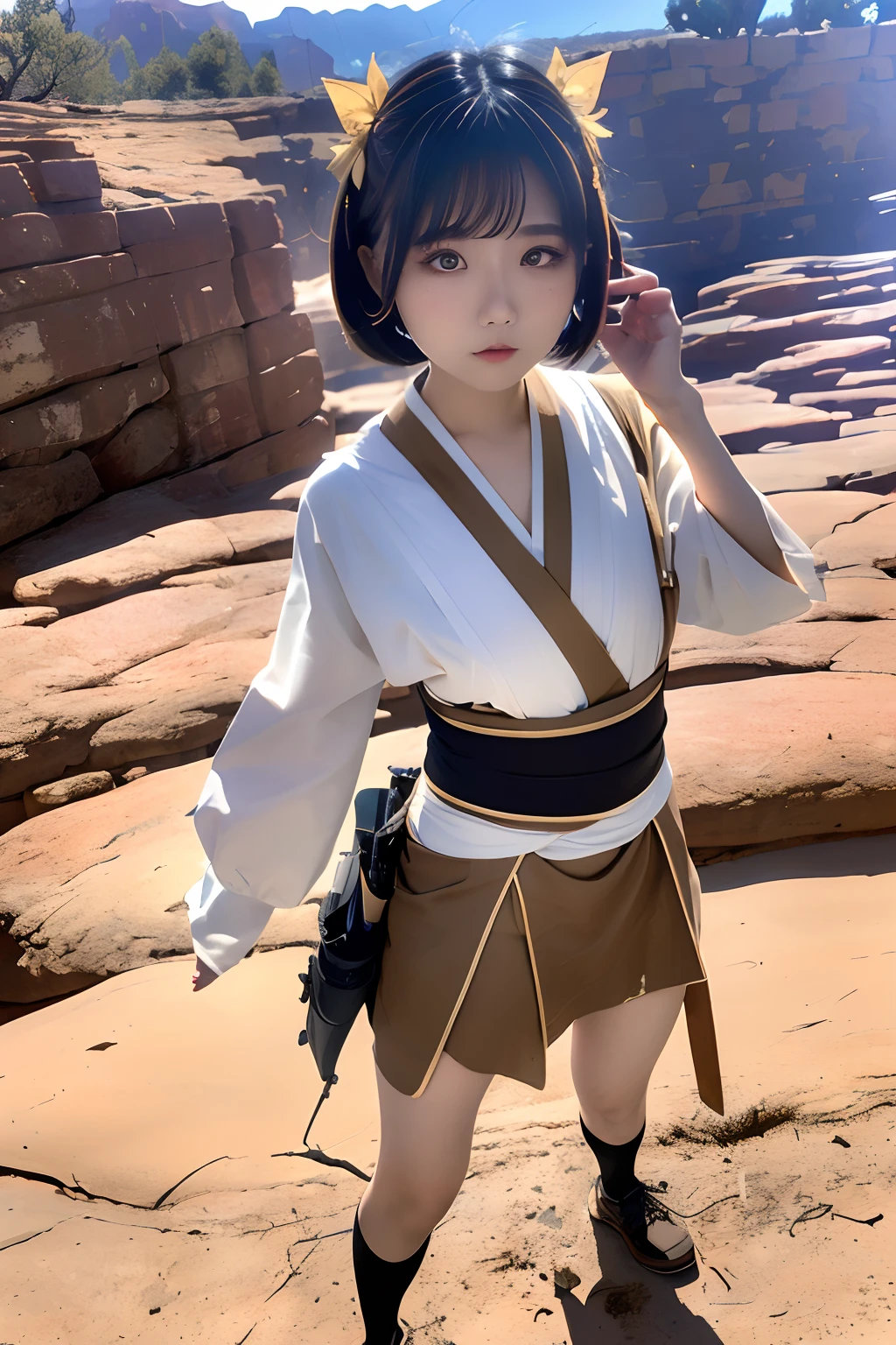 top-quality,masuter piece,８Ｋ,ultra-detailliert,真实感, (Perfect face:1.1), (high detailing:1.1),Realistic Girl,独奏,Gothloli Cosplay,Sun umbrella,Japan sword at the waist Tachi Wakizashi,(((plein air,Grand Canyon:1.3,Vast wilderness,Wasteland)))