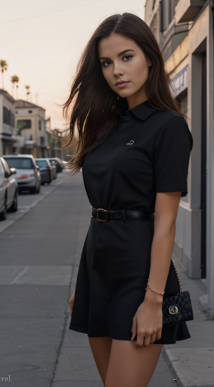 hyper realistic photograph, cute girl, 30 years old, blond har, jeans, 64k, masterpiece, sharp photo, looking at the viewer, dark brown hair, holding a Chanel bag, wearing tight shirt, Venice beach street behind her, Los Angeles behind, dark brown medium hair, perfect body, model looking, realistic photo of a girl, wearing little black dress, dark outside, right after sunset