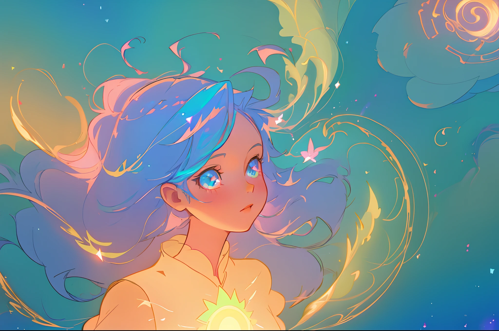 anime, princess flowing gown, glowing ethereal hair, anime girl with cosmic hair, beautiful young wind spirit, beautiful anime art style, beautiful digital illustration, inspired by Glen Keane, inspired by Lois van Baarle, disney art style, glowing aura around her, jen bartel, glowing lights, (masterpiece, best quality), sharp focus, 8k resolution, intricate detail, highly detailed, swirling lines of light, magical lights, whimsical, magical, fantasia background, pastel colors, beautiful girl, golden ratio, perfection, beautiful face, sparkling detailed eyes