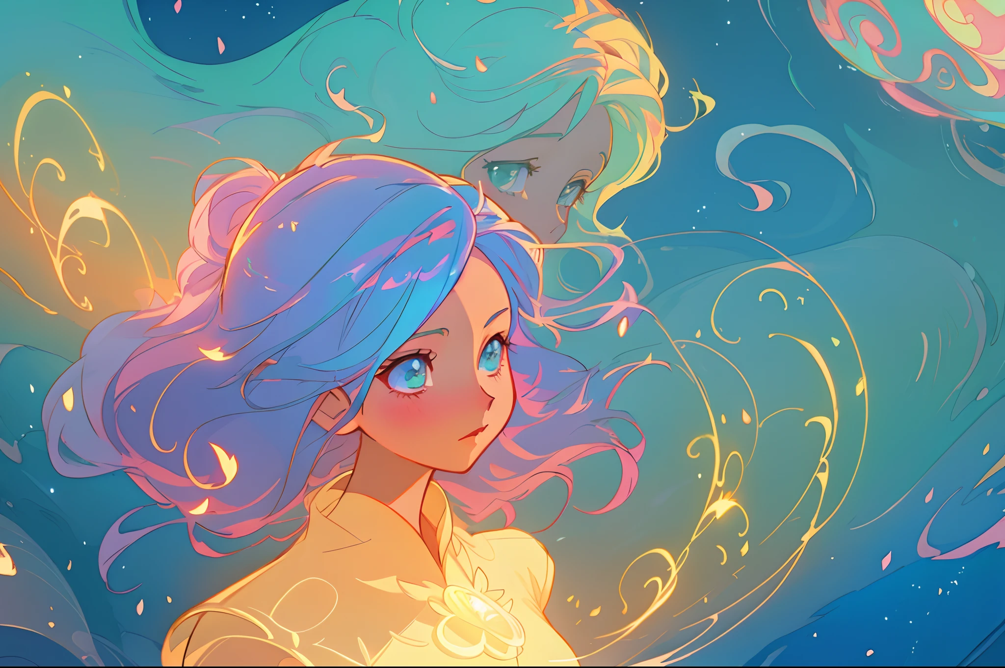 anime, princess flowing gown, glowing ethereal hair, anime girl with cosmic hair, beautiful young wind spirit, beautiful anime art style, beautiful digital illustration, inspired by Glen Keane, inspired by Lois van Baarle, disney art style, glowing aura around her, jen bartel, glowing lights, (masterpiece, best quality), sharp focus, 8k resolution, intricate detail, highly detailed, swirling lines of light, magical lights, whimsical, magical, fantasia background, pastel colors, beautiful girl, golden ratio, perfection, beautiful face, sparkling detailed eyes
