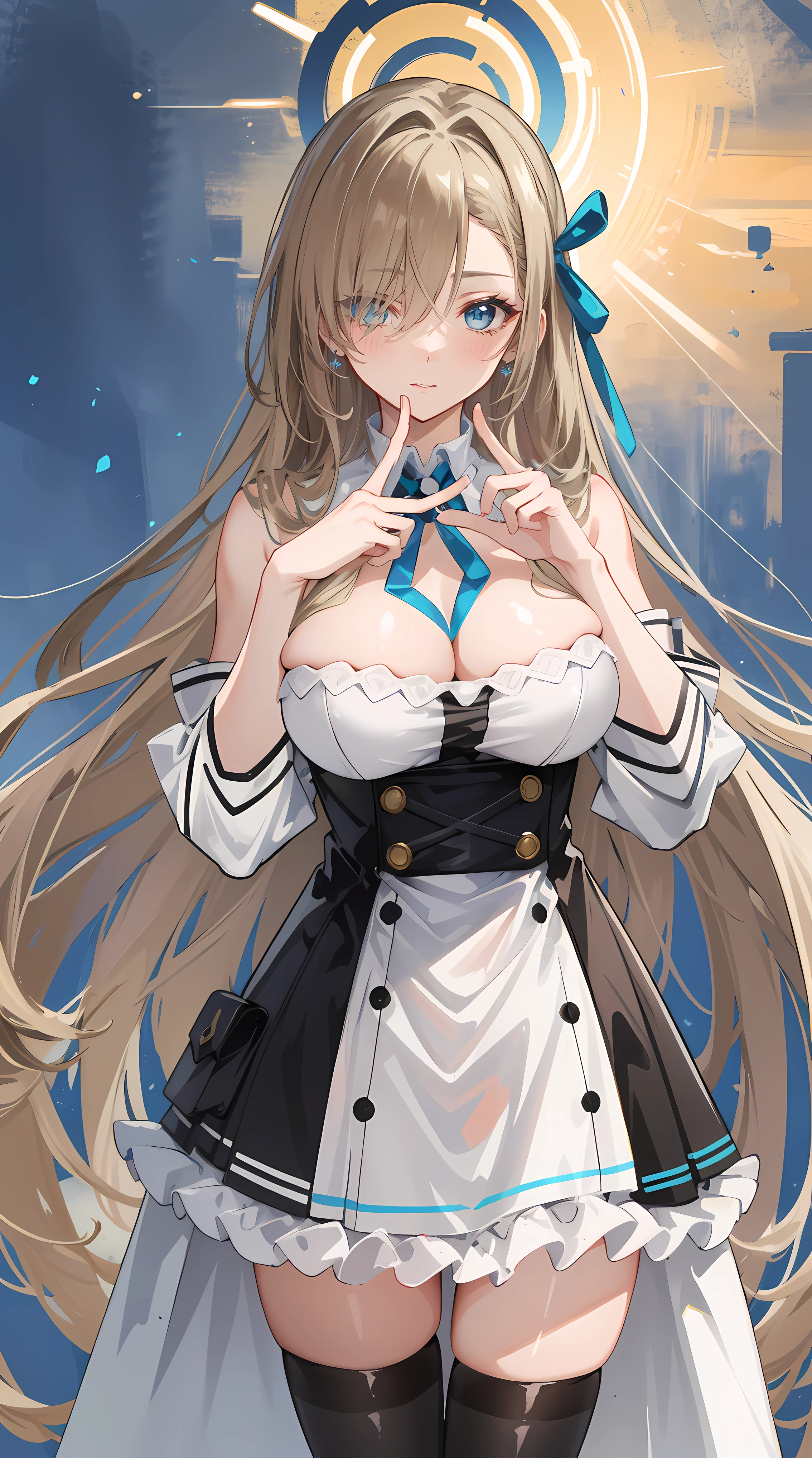 (highres), (absurdres), (best quality), (high quality), (masterpiece), 1girl, asuna, blue eyes, long hair, hair over one eye, very long hair, light brown hair, (large breasts), beautiful black latex dress, pray hands sign, looking at viewer, 8K HD RTX, exquisite finger details, (looking at viewer, standing at attention, cowboy shot)