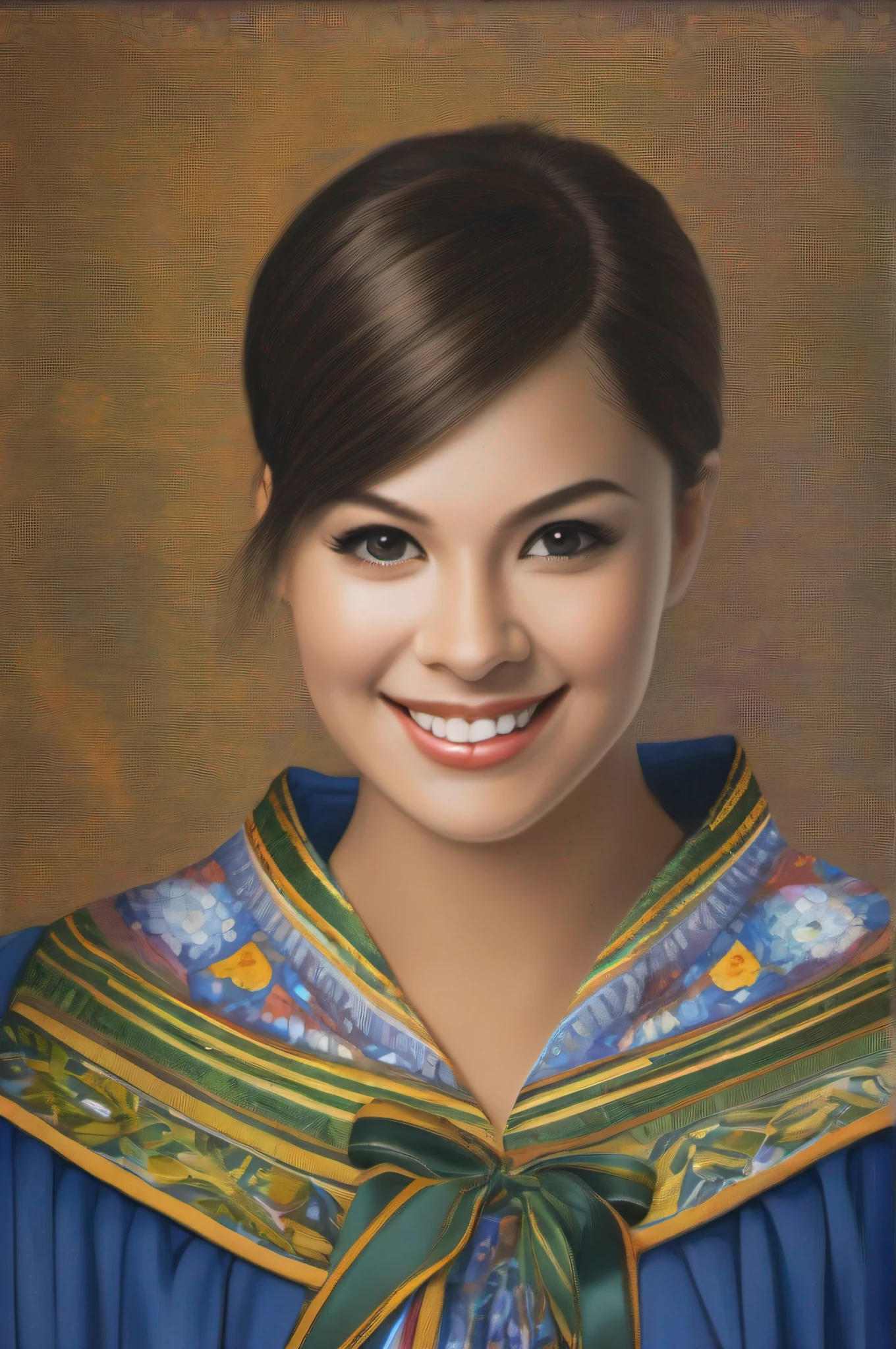 The image features a young woman wearing a colorful academic gown and tie, standing in a studio. She is smiling and posing for a formal portrait. The girl is wearing a tie that has a mix of colors including blue, yellow and green. photo taken for a graduation, as the girl is dressed in her academic dress. The girl's short hair and the overall composition of the image convey a sense of pride and accomplishment.
