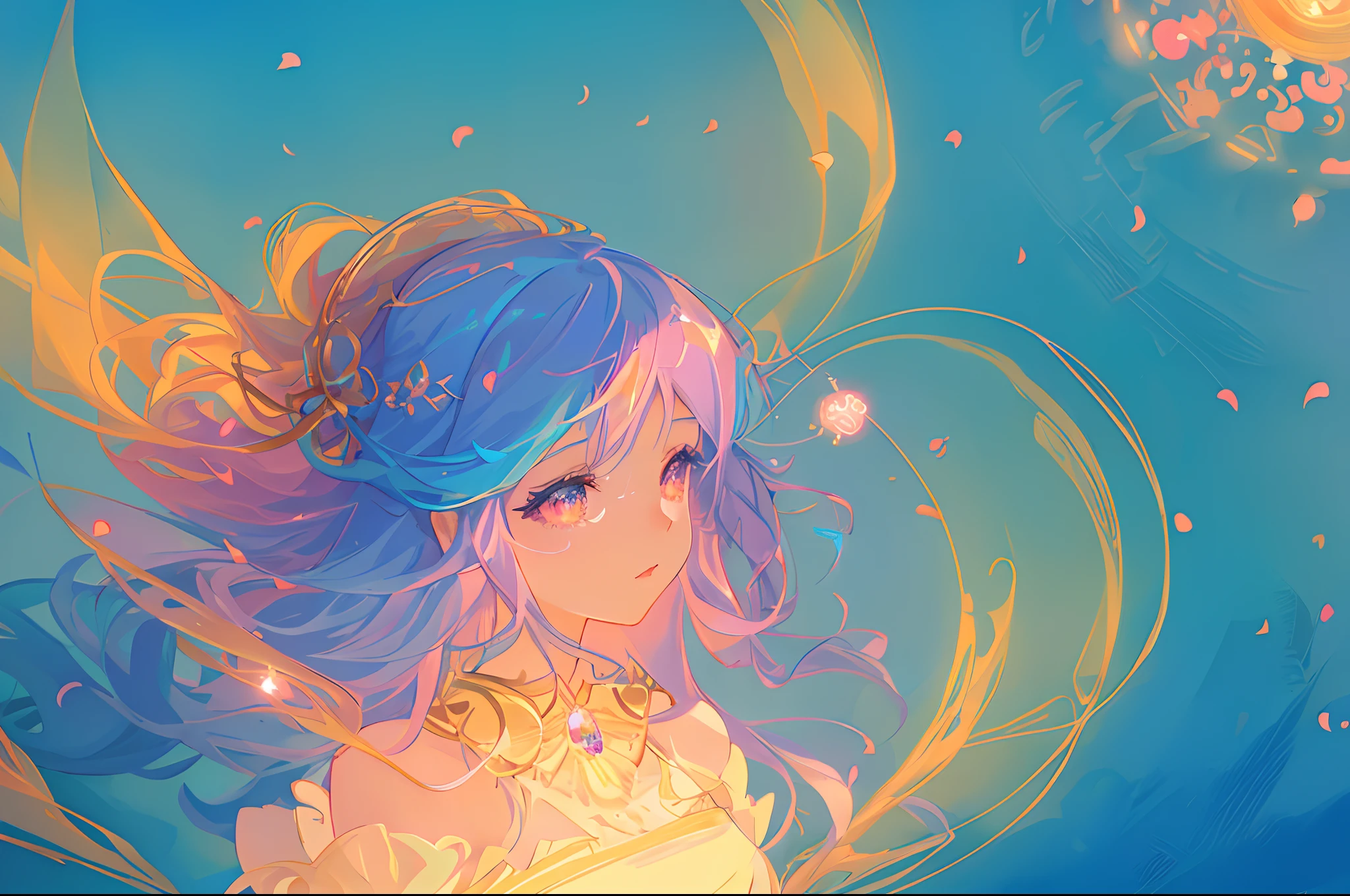 anime, princess flowing gown, glowing ethereal hair, anime girl with cosmic hair, beautiful young wind spirit, beautiful anime art style, beautiful digital illustration, inspired by Glen Keane, inspired by Lois van Baarle, disney art style, glowing aura around her, jen bartel, glowing lights, (masterpiece, best quality), (sharp focus), (8k resolution), intricate detail, highly detailed, swirling lines of light, magical lights, whimsical, magical, fantasia background, pastel colors, beautiful girl, golden ratio, perfection, beautiful face, sparkling detailed eyes