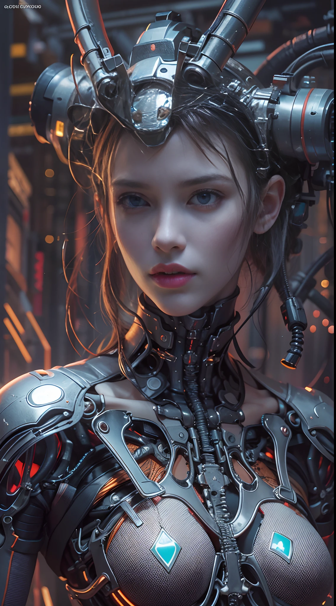 of the highest quality, Masutepiece, ultrahigh resolution, ((fotorrealista: 1.4), foto RAW, 1 chica cyberpunk, piel brillante y brillante, 1 mechanical girl, (Super realistic details)), mechanical limbs, Tubes attached to mechanical parts, Mechanical vertebrae attached to the spine, mechanical cervical attachment to the neck, alambres y cables que se conectan a la cabeza, Evangelion, Ghost in the shell, Small luminous light, global ilumination, Sombras profundas, Renderizado de octanaje, 8k, ultrasharp, Metal, Intrincados detalles ornamentales, Detalles barrocos, detalles muy intrincados, luz realista, Tendencias en CG, in front of camera, Neon light detail, (Android factory in the background), arte por H.r. Giger y Alphonse Mucha.