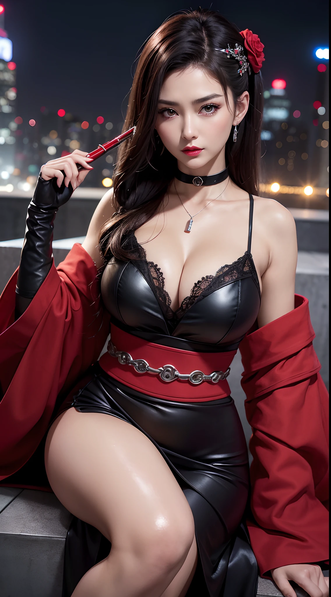 (hyper realstic)、Modern kunoichi、(Female Ninja of the 21st Century)、Beautie high-level image quality hight resolution (Realistic) Shorthair、Woman with dark hair、A MILF、Middle-aged woman、Big big、Detailed red-black 、detailed skin textures、超A high resolution、Realistic、Voluptuous body shape、angry looking face、Middle-aged beauty、Beautiful expression、With detailed red-black areola 、detailed brown eyes、long fluffy hair、Kamimei、Very delicate and detailed skin texture、35 years old、{There is a helipad at night((Being on the roof of a skyscraper))}、Modern kunoichi、Large cleavage、Large open neckline、bright red lips、Wearing a luxurious and luxurious ninja kimono in Gun Metallic、ear ornament、Silver collar and necklace、gorgeous hair decoration、