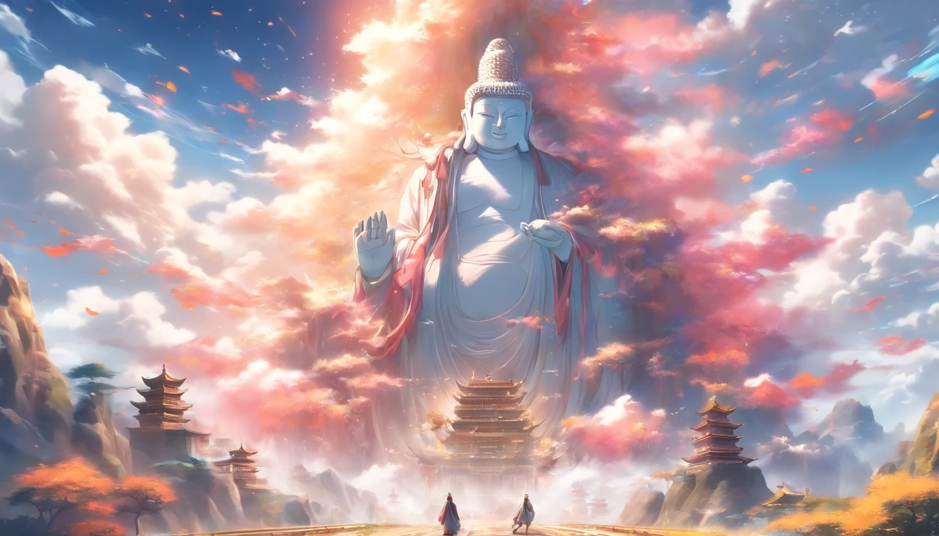 ((Masterpiece)),(Best quality)),China-style,In the sky, The clouds form a huge Maitreya Buddha statue, Figure: neck, limb length, proportions, The appearance is extremely solemn,Gaze at the earth,Standing Buddha statue,with light glowing,Glow effects,Pilgrims on the road,Hyper-realistic,Ultra photo realsisim,Real Photographics,8K,High definition,high qulity,Works of masters,super-fine,Chinese black and white ink style,(((white colors))),Decolorization,Smudge,ink,8K,super-fine,high qulity,(((OC renderer)))