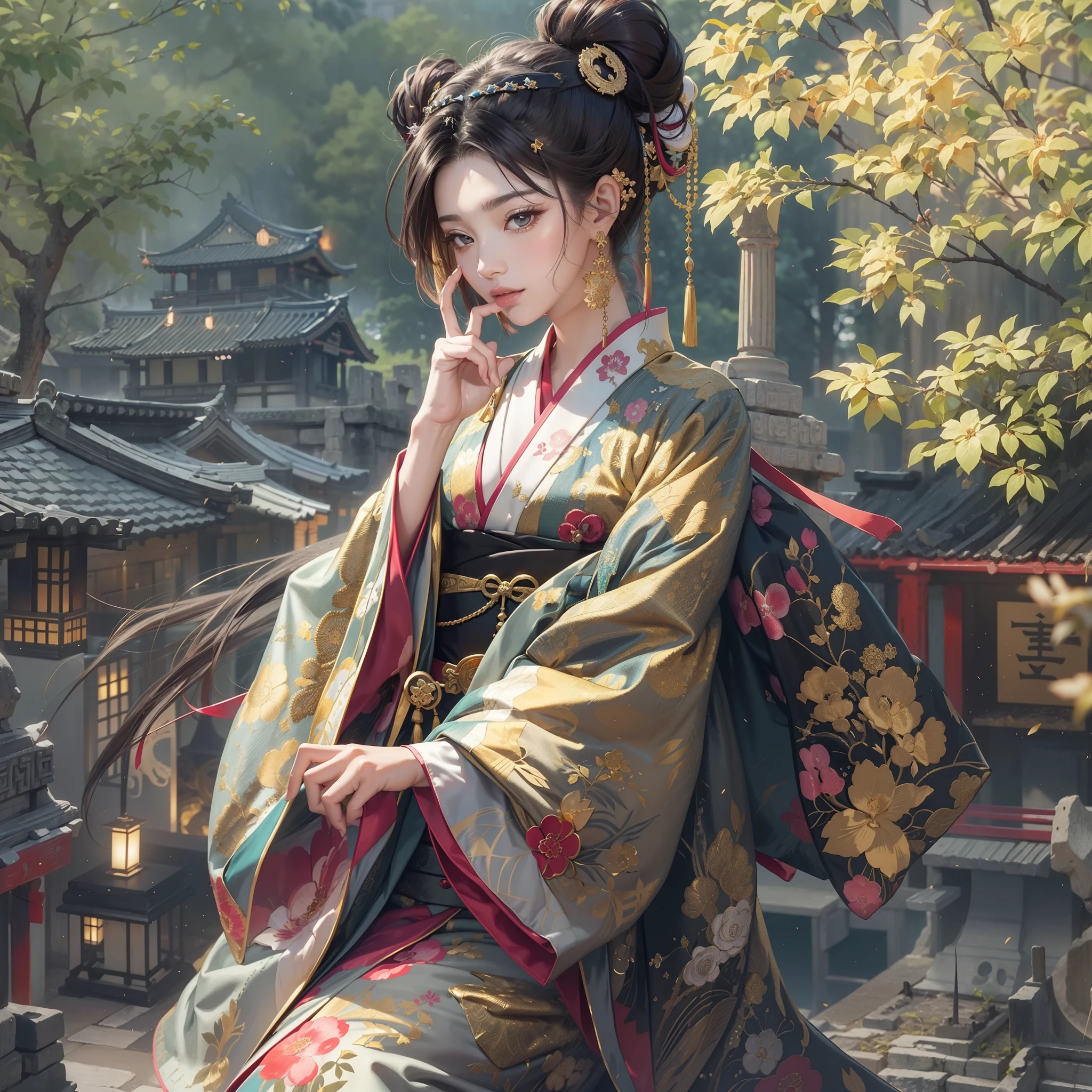 Detailed background((ancient city:1.5),细致背景)、Gorgeous and elegant background, BREAK,elaborate costume{Luxury kimono(Colorful kimono(Detailed golden embroidery,))}、Japanese Idol(actress),Depict a beautiful and graceful woman of Japan。glossy dark hair,poneyTail,Heart in the eye。 Wallpapers 16K, .Blur the background with a sickle,((masutepiece)), ((Best Quality)),{{a portrait photo of}},full body Esbian