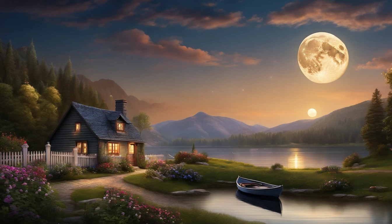 painting of a cottage, flowers beside of fence, fence along the road, mountain landscape with a lake and a boat, ((full moon)) , stary night scene, illustration matte painting, inspired by Thomas Kinkade, symmetric matte painting, detailed scenery , style raw, 8 k ultra detailed