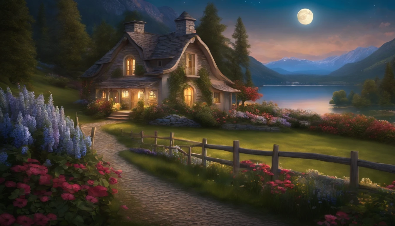 painting of a cottage, flowers beside of fence, fence along the road,  mountain landscape with a lake and a boat, ((full moon)) , stary night scene, illustration matte painting,  inspired by Thomas Kinkade, symmetric matte painting, detailed scenery , style raw, 8 k ultra detailed