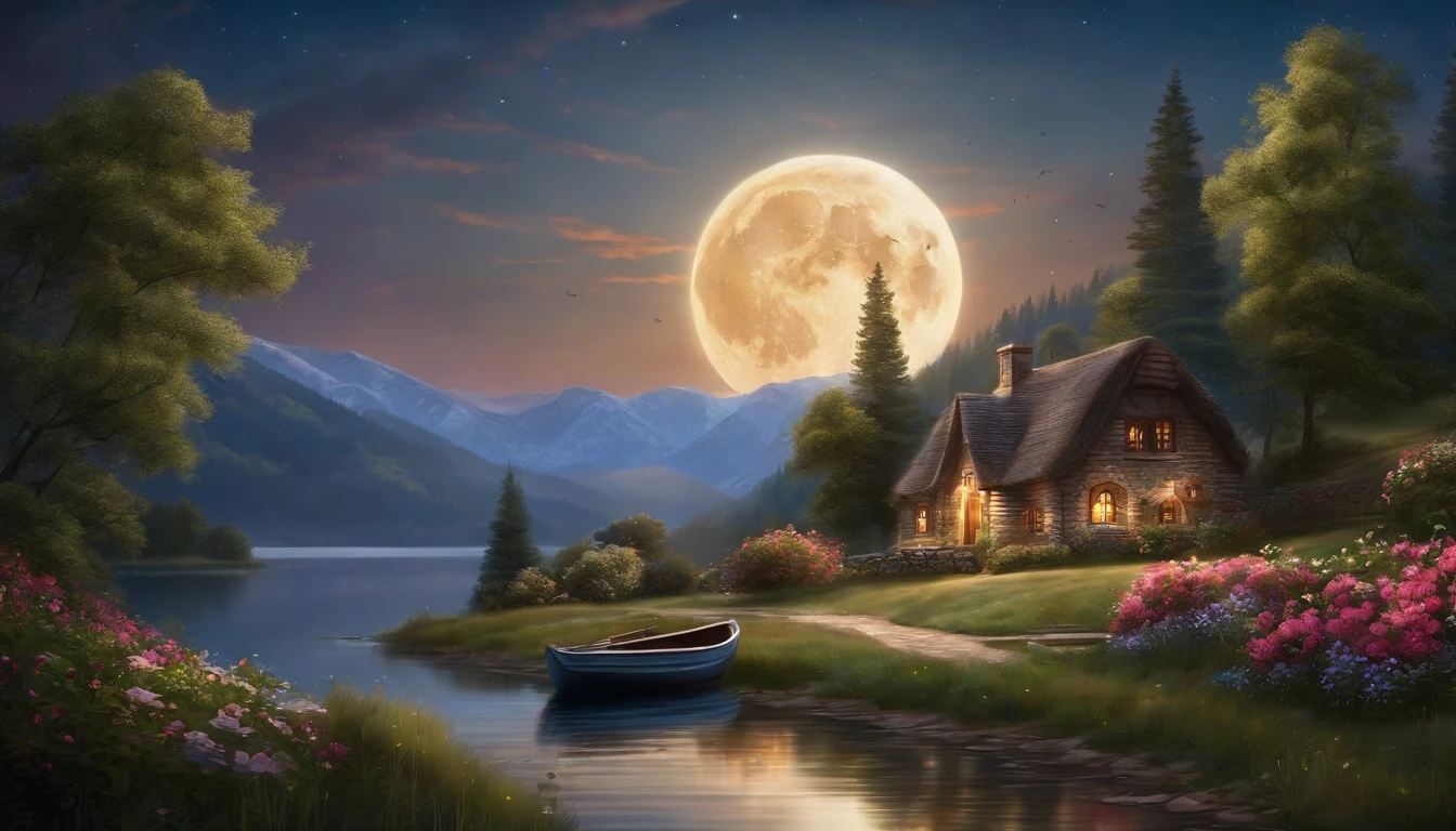 painting of a cottage, flowers beside of fence, fence along the road, mountain landscape with a lake and a boat, ((full moon)) , stary night scene, illustration matte painting, inspired by Thomas Kinkade, symmetric matte painting, detailed scenery , style raw, 8 k ultra detailed