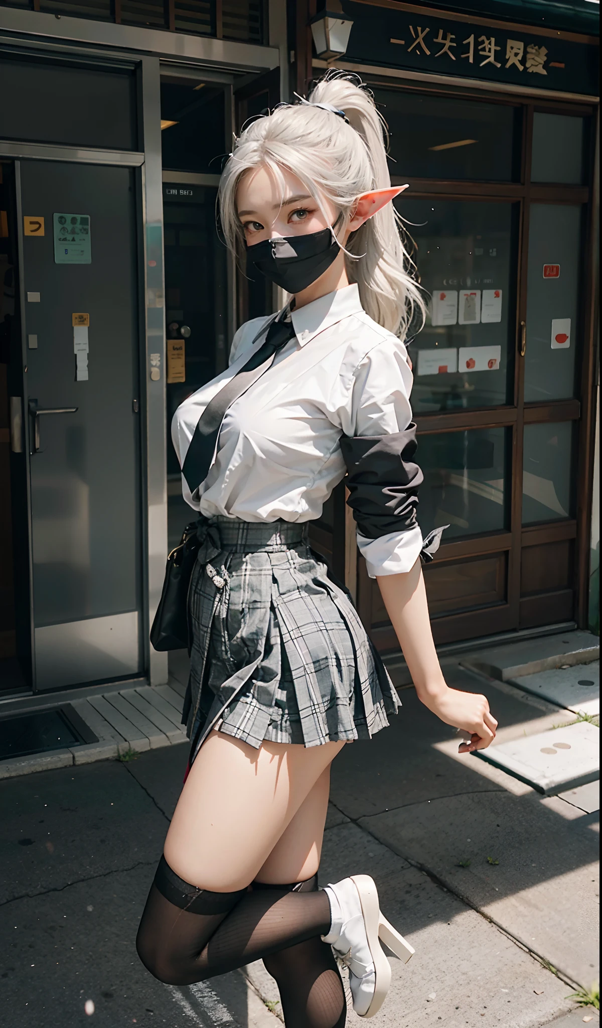 （Extremely normal body）Japanese-style town：1 Elf beauty，JK school uniform，(Elf long ears)，Short silver-white hair，Half-tied ponytail。Uniform for female high school students)，Short plaid skirt，Black short stockings，Black socks, Black socks，Translucent black socks，slippers，Jade foot ， very detailed eyes and faces， Sharp pupils， realistic pupil， tack sharp focus， cinmatic lighting，full bodyesbian，Bigboobs，long leges，From the front side，dynamicposes，Normal posture，closeup of face