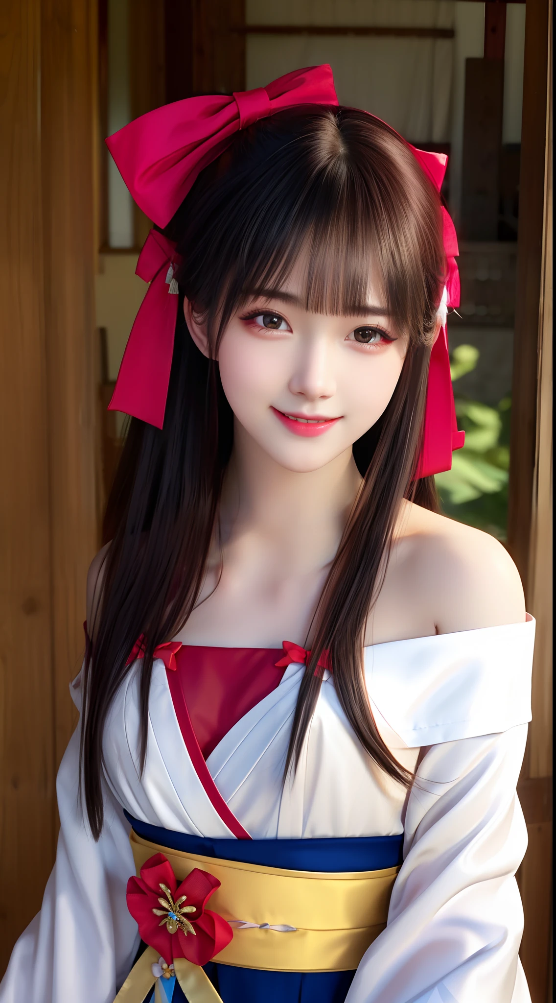 masterpiece,best quality,upper body,1girl,(beautiful face), realistic,long hair, blackhair,(hair bow),(small breasts),(off shoulder),(breast out),(nipple flick),hanfu,looking at viewer, , hanfu,facing viewer,light smile,