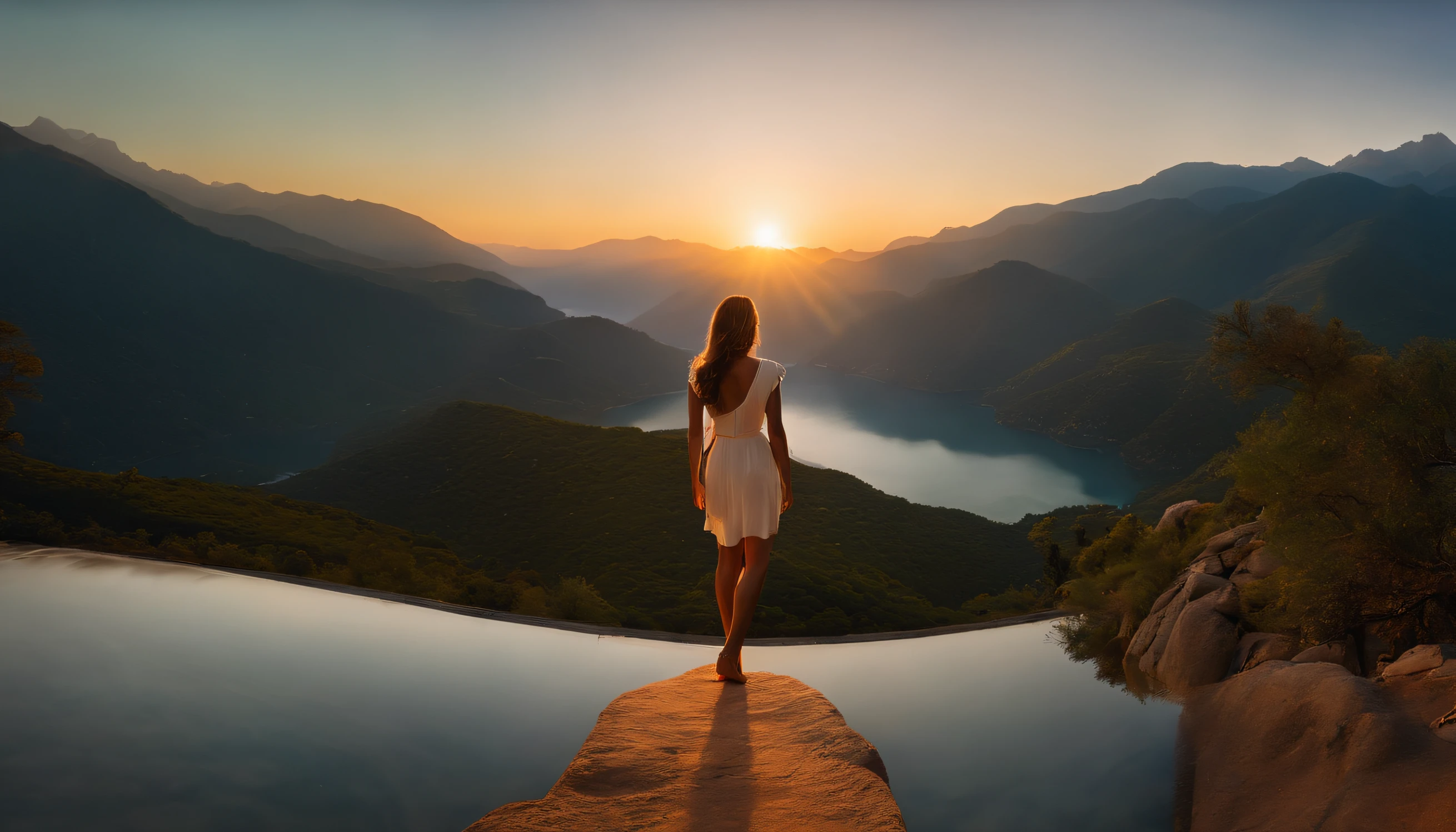 Qualidade extrema, CG, (cores brilhantes:0.8), A close-up photo of the back of a woman standing on a cliff overlooking a vast, Lago Sereno. She's looking away from the camera at sunset.. The mountains in the distance are reflected in the water, and the golden hues of the setting sun paint the sky with breathtaking colors., master part, best quality, 8k, 111cine8matic55