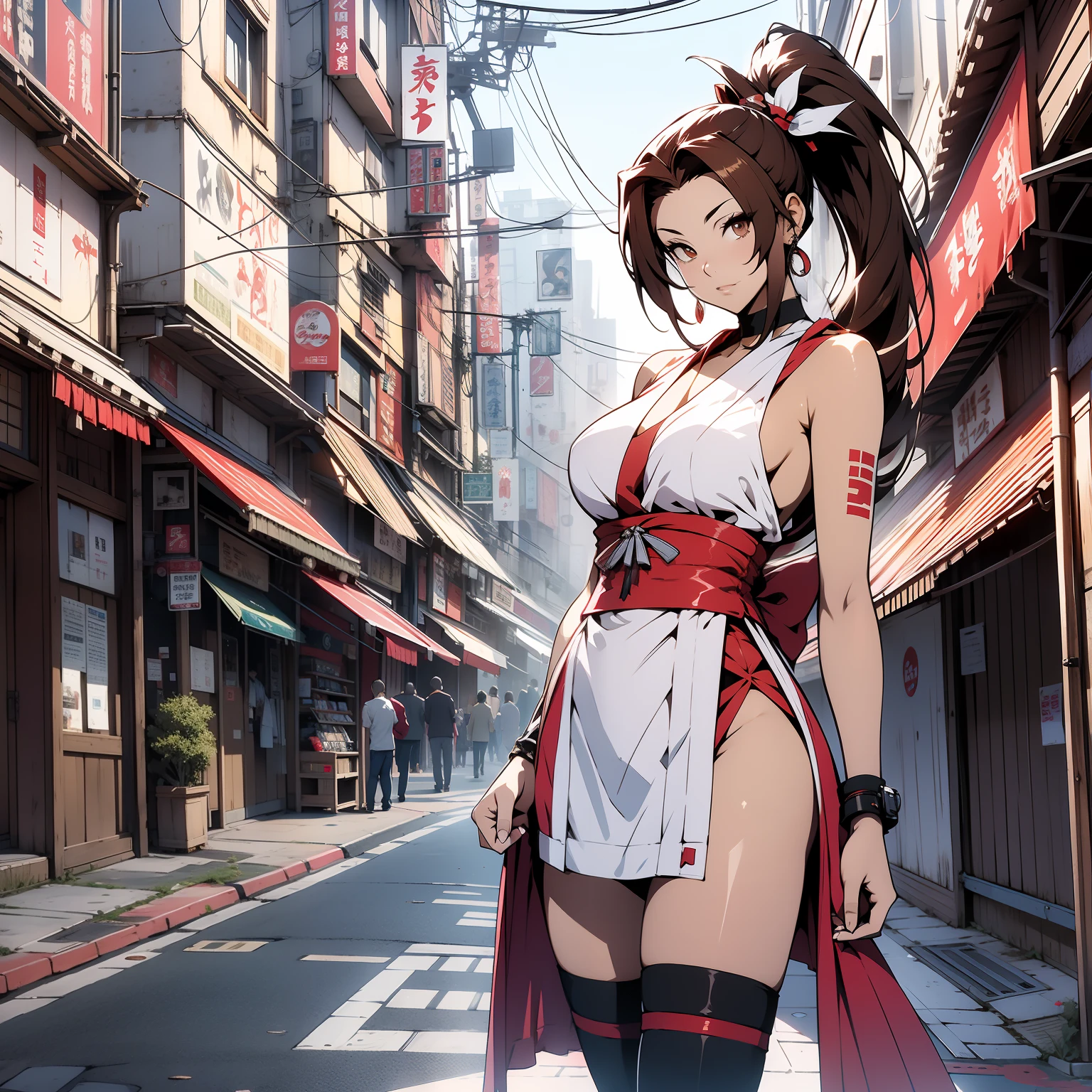 Red dress, Sleeveless, ((mai shiranui:1.2)), Bare shoulders, Brown hair, Brown eyes, Long high ponytail, hair tie, makeup, 1 persons、25-years old, Japan mature woman, Beautiful Finger, Beautiful long legs, Beautiful body, Beautiful nose, Beautiful character design, Perfect eyes, Perfect face, Jewelry, See-through, Looking at Viewer, Hair Ornament,  Choker, Shy, The King of Fighters,
(masutepiece, of the highest quality, Best Quality, Official art, Beautiful and aesthetic: 1.2), Extremely detailed, more detailed,
(moderately sized breasts:1.2,) , Floating skirt,
Cyberpunk Little Tokyo Area, full body photographed:1.2、Knee high long boots with pin heel,is standing