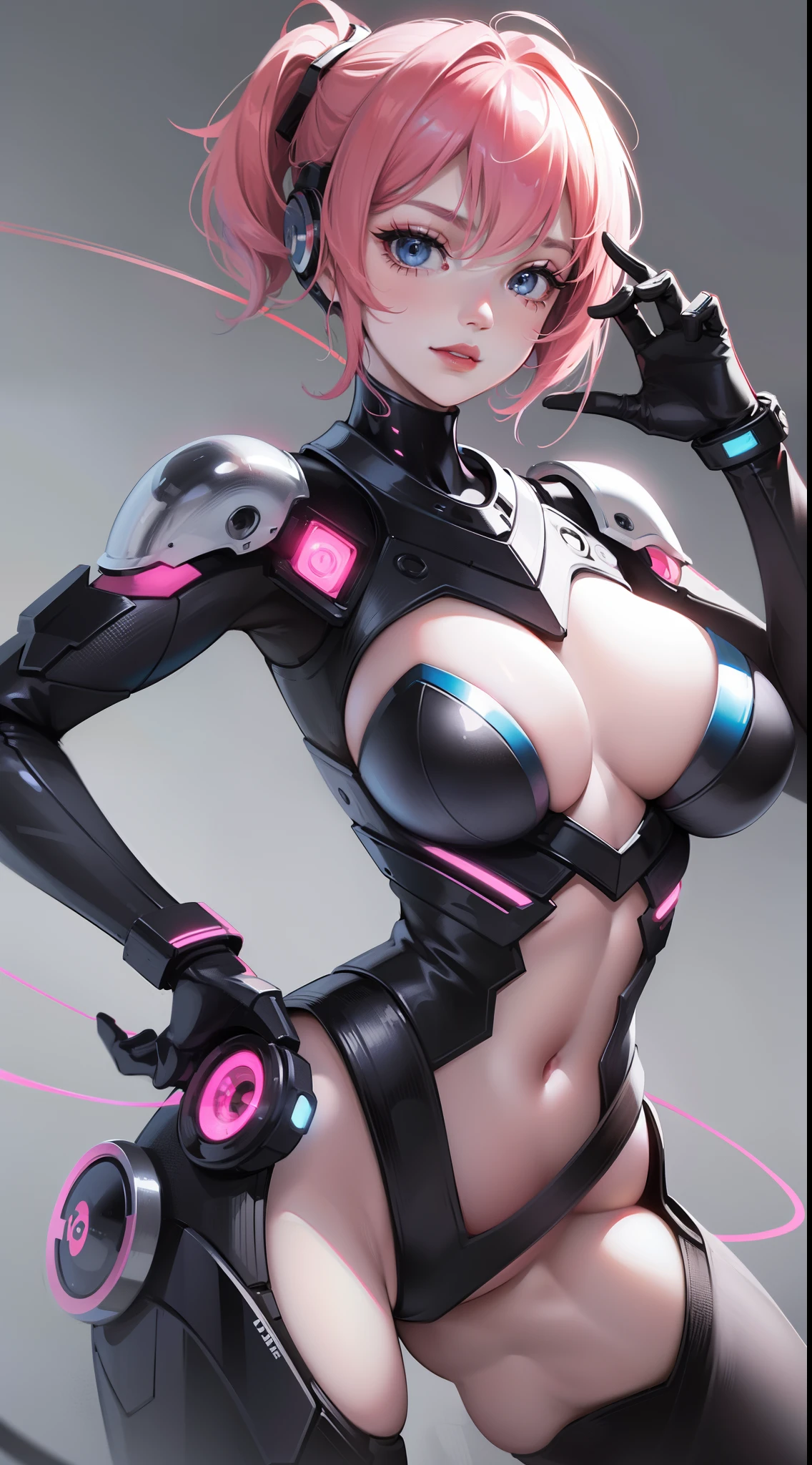 Grown-up girl, short pink hair, blue eyes, large breasts, red lipstick, smirk, Grey Plug Suit, Cyborg, Masterpiece, hiquality, 4k, HD, Good detail