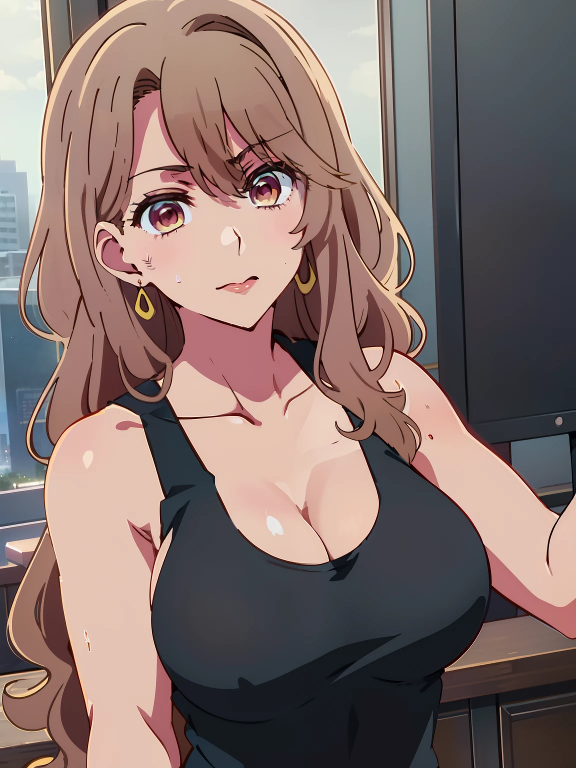 Anime girl with long hair, (((tank top))), anime moe art style, Anime visuals of cute girls, Anime Best Girl, marin kitagawa fanart, [[[[grinning evily]]]], pretty anime girl, Smooth Anime CG Art, Seductive Anime Girl, charming anime girls, Cute anime girl, portrait of cute anime girlbabes, Cunning smile, Shining eyes, big boobs,