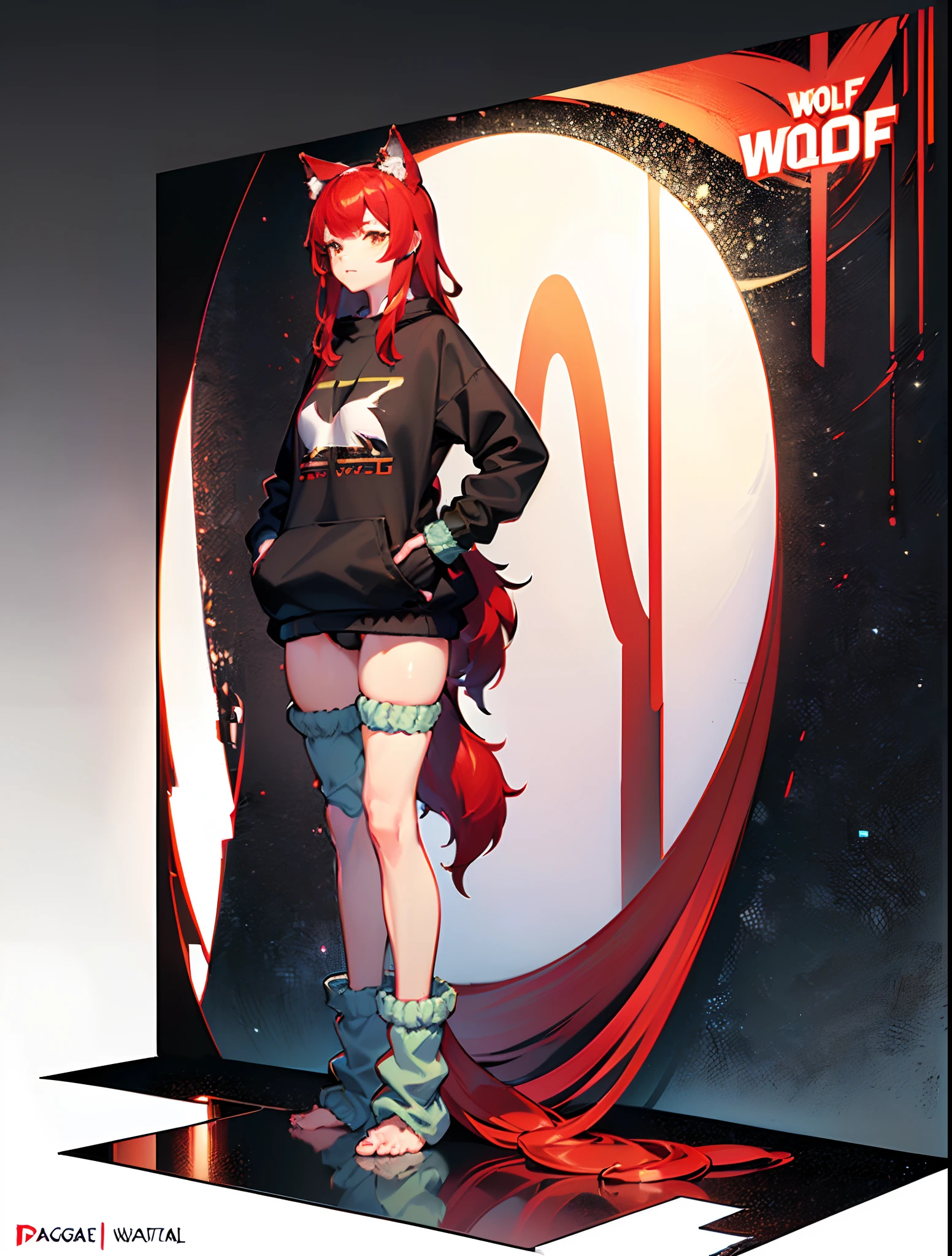 ((wolf girl)), ((red hair)), ((full body)), ((Standing pose)), ((((((very baggy and long leg warmers)))))), ((bare feet)), (((sweatshirt))), ((tiny thong)), (((martial fighting gloves))), ((fully detailed))