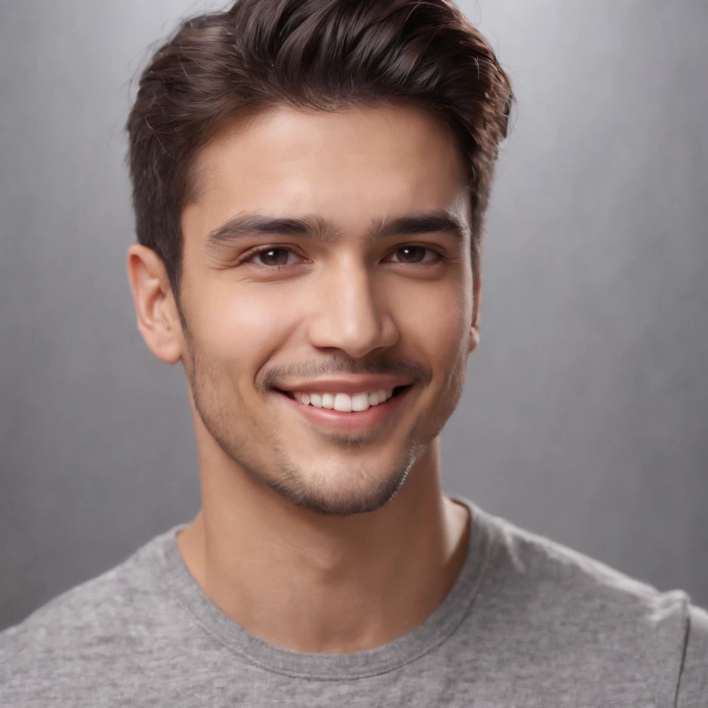 (photo: 1.3) af (reality: 1.3), West a Latino man, soft light, clear face, happy, cheerful, smiling, warm light, ((grey background)), ((grey background)). ((grey wall background)) avatar, (long or short hair), smile, handsome, young,, short hair, smile, (medium close-up)