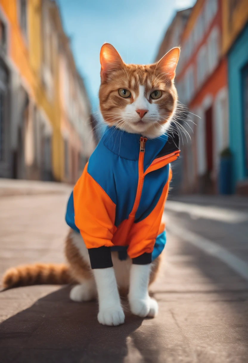 Cat wearing sportswear, in the style of athleisure, bright colors, energetic, dynamic, outdoor sports scenes, modern style