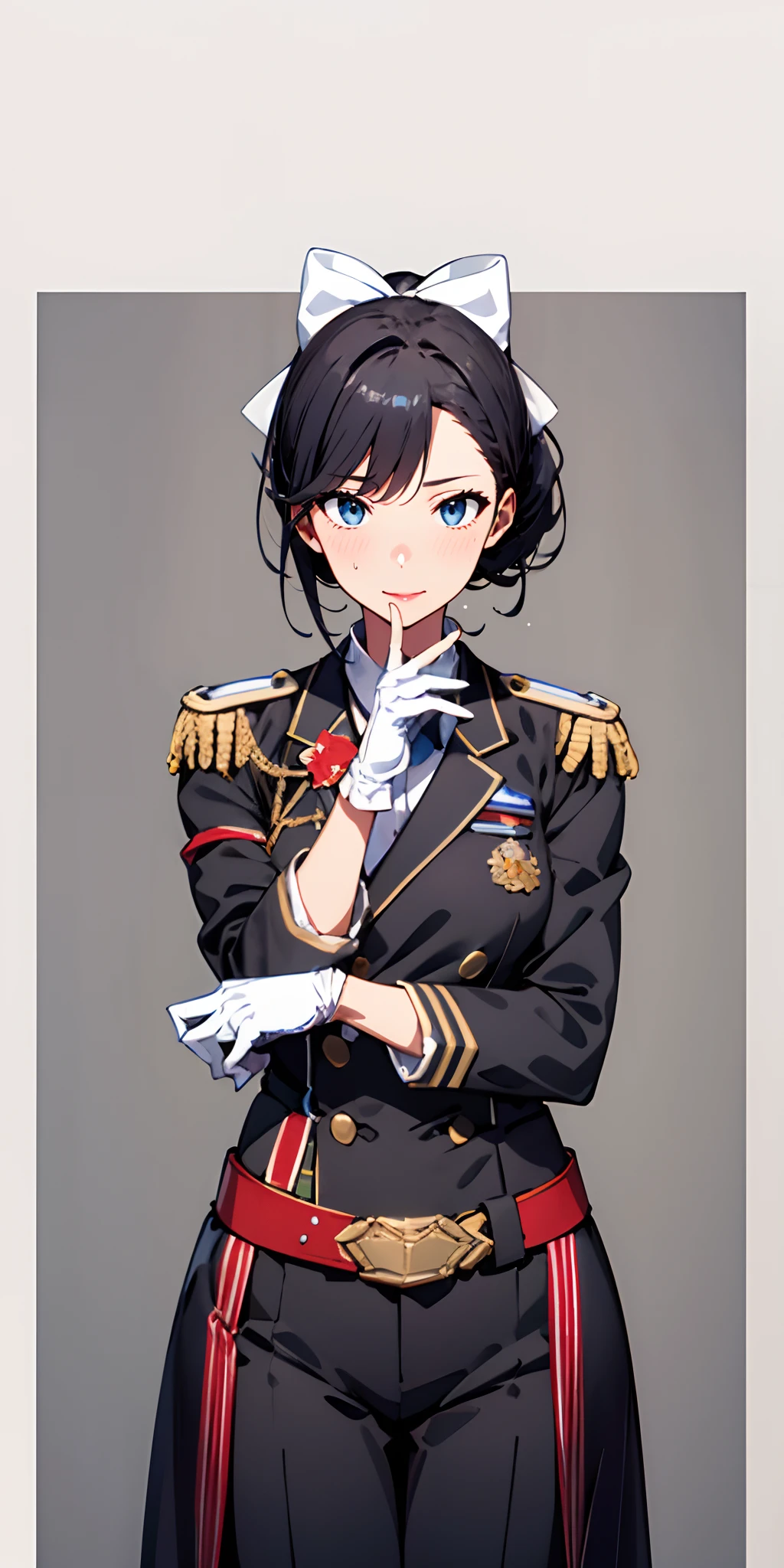 gloves, takao_(azur_lane), white_gloves, 1girl, white_bow, uniform, belt, military, solo, hair_bow, bow, military_uniform, brown_eyes, ponytail, black_hair, epaulettes, black_jacket, pants, looking_at_viewer, adjusting_gloves, aiguillette, long_sleeves, bangs, cowboy_shot, closed_mouth, jacket, lips, white_belt, black_pants, white_ribbon, buttons, belt_buckle, military_jacket, grey_background,