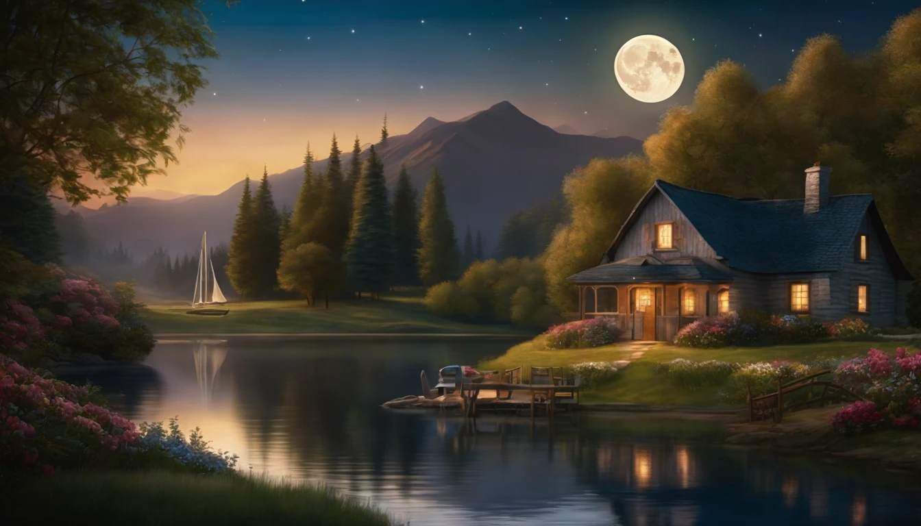 painting of a cottage, flowers beside of fence, fence along the road, mountain landscape with a lake and a boat, ((full moon)) , stary night scene, illustration matte painting, inspired by Thomas Kinkade, symmetric matte painting, detailed scenery , style raw, 8 k ultra detailed