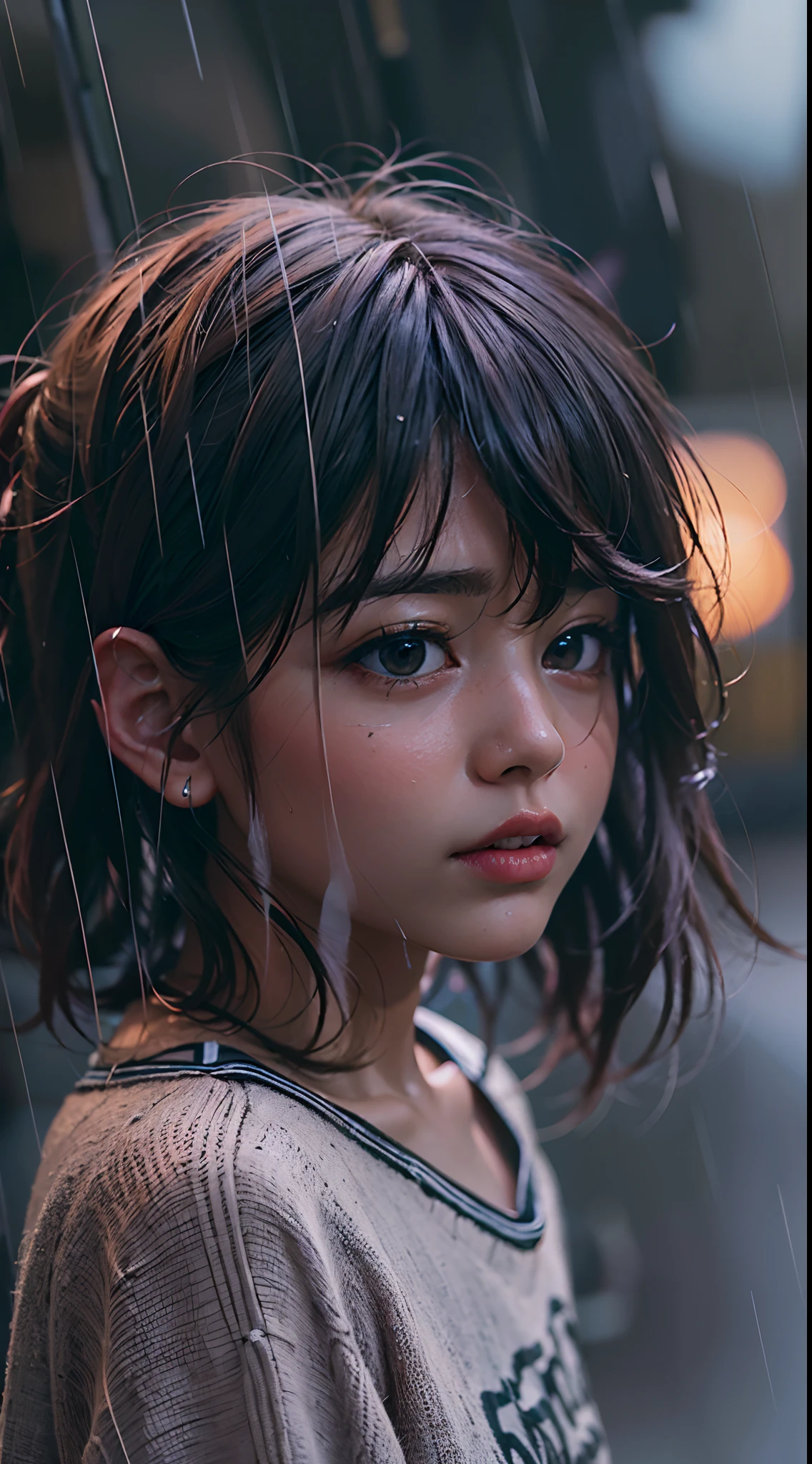 (obra maestra), La mejor calidad, ojos expresivos, Cara perfecta, (8k, La mejor calidad, obra maestra:1.2),(La mejor calidad:1.0), (Ultra Highres:1.0), Plano completo del cuerpo, solamente, beautiful little girl, 19 years old, cool expression, labios sexys, cabello negro, cabello mojado, Usar ropa de negocios, ropa mojada, Caminando bajo la lluvia torrencial, Cinematic shot, Aesthetic rain, Poco probable