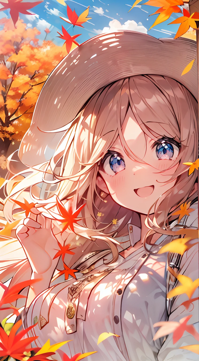 masutepiece, Best Quality,Illustration, Wallpaper, ultra -detail, Absurd beauty, 1beautiful girl、Bright hair color、Glitter and big eyes、Hair fluttering in the wind、ample breasts、♡、Smaller head、Autumn landscape、miscievous smile