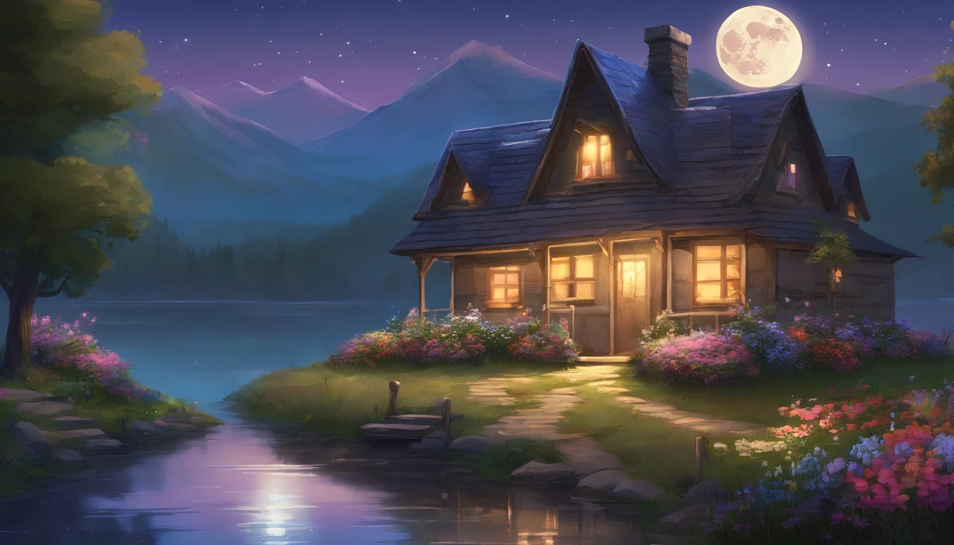 painting of a cottage, flowers beside of fence, fence along the road, mountain landscape with a lake and a boat, ((full moon)) , stary night scene, illustration matte painting, inspired by Thomas Kinkade, symmetric matte painting, detailed scenery , style raw, 8 k ultra detailed