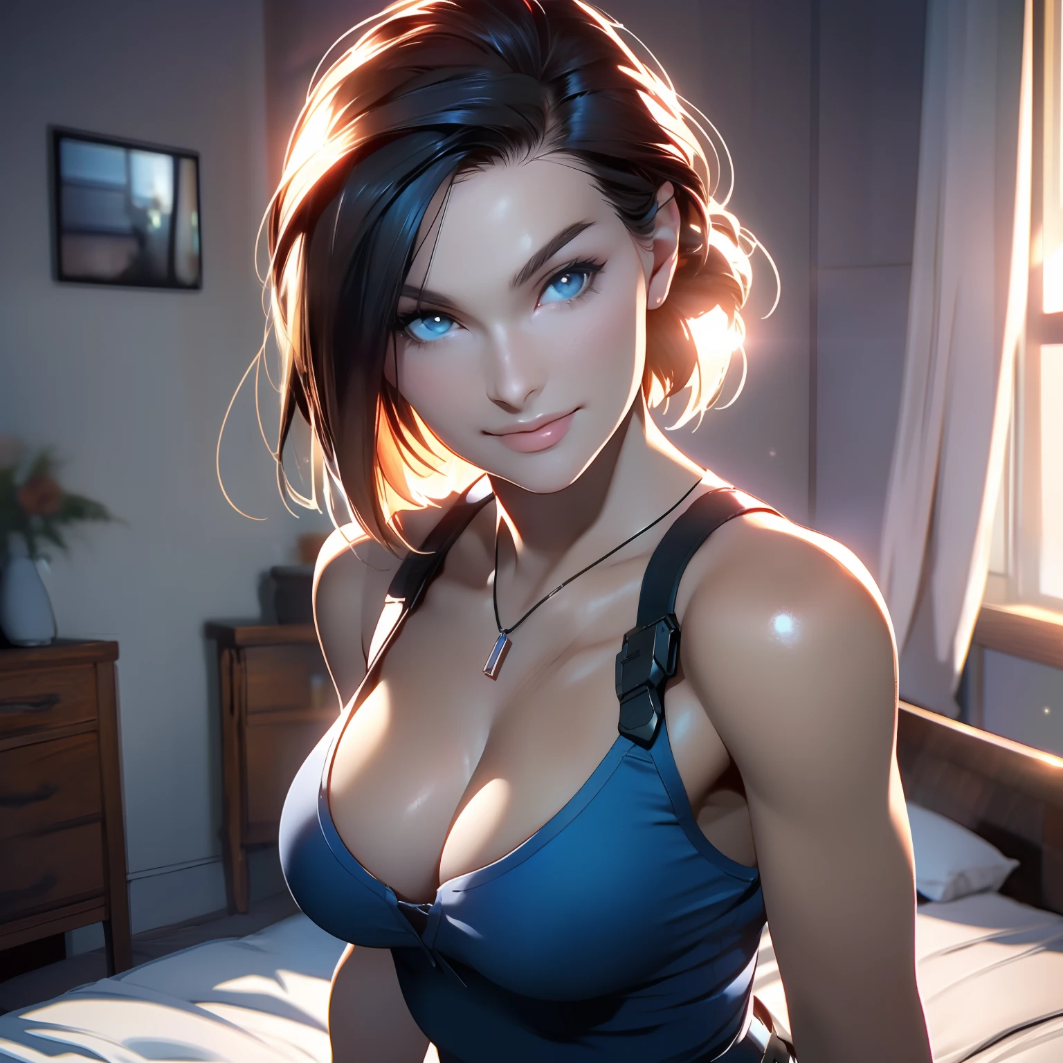 Jill Valentine, dessous, sitting on bed, portrait, smiling (8k, best quality, masterpiece:1.2),ultra-detailed, (high detailed skin:1.2), 8k uhd, dslr, soft lighting, high quality, (8k, best quality, masterpiece:1.2),ultra-detailed, (high detailed skin:1.2), 8k uhd, dslr, soft lighting, high quality,