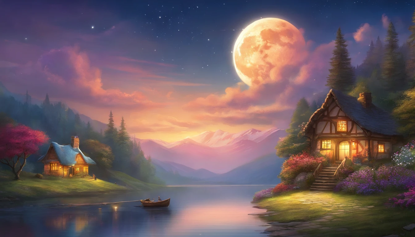 painting of a cottage, flowers beside of fence, fence along the road, mountain landscape with a lake and a boat, ((full moon)) , stary night scene, illustration matte painting, inspired by Thomas Kinkade, symmetric matte painting, detailed scenery , style raw, 8 k ultra detailed