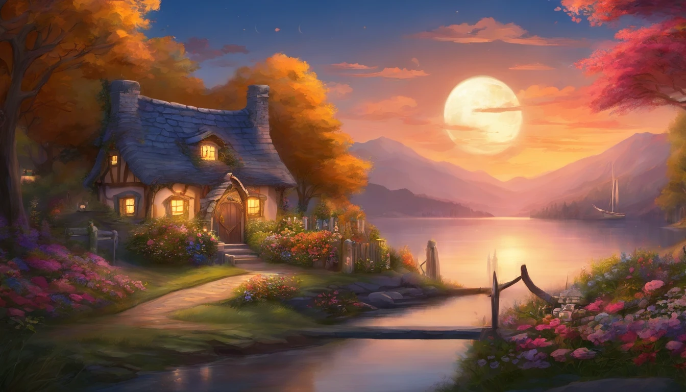 painting of a cottage, flowers beside of fence, fence along the road, mountain landscape with a lake and a boat, ((full moon)) , stary night scene, illustration matte painting, inspired by Thomas Kinkade, symmetric matte painting, detailed scenery , style raw, 8 k ultra detailed