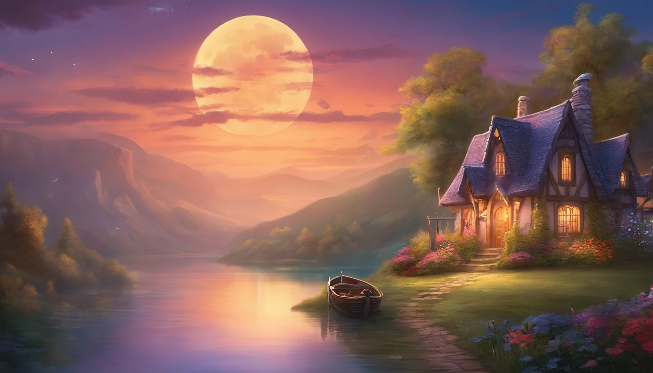 painting of a cottage, flowers beside of fence, fence along the road,  mountain landscape with a lake and a boat, ((full moon)) , stary night scene, illustration matte painting,  inspired by Thomas Kinkade, symmetric matte painting, detailed scenery , style raw, 8 k ultra detailed