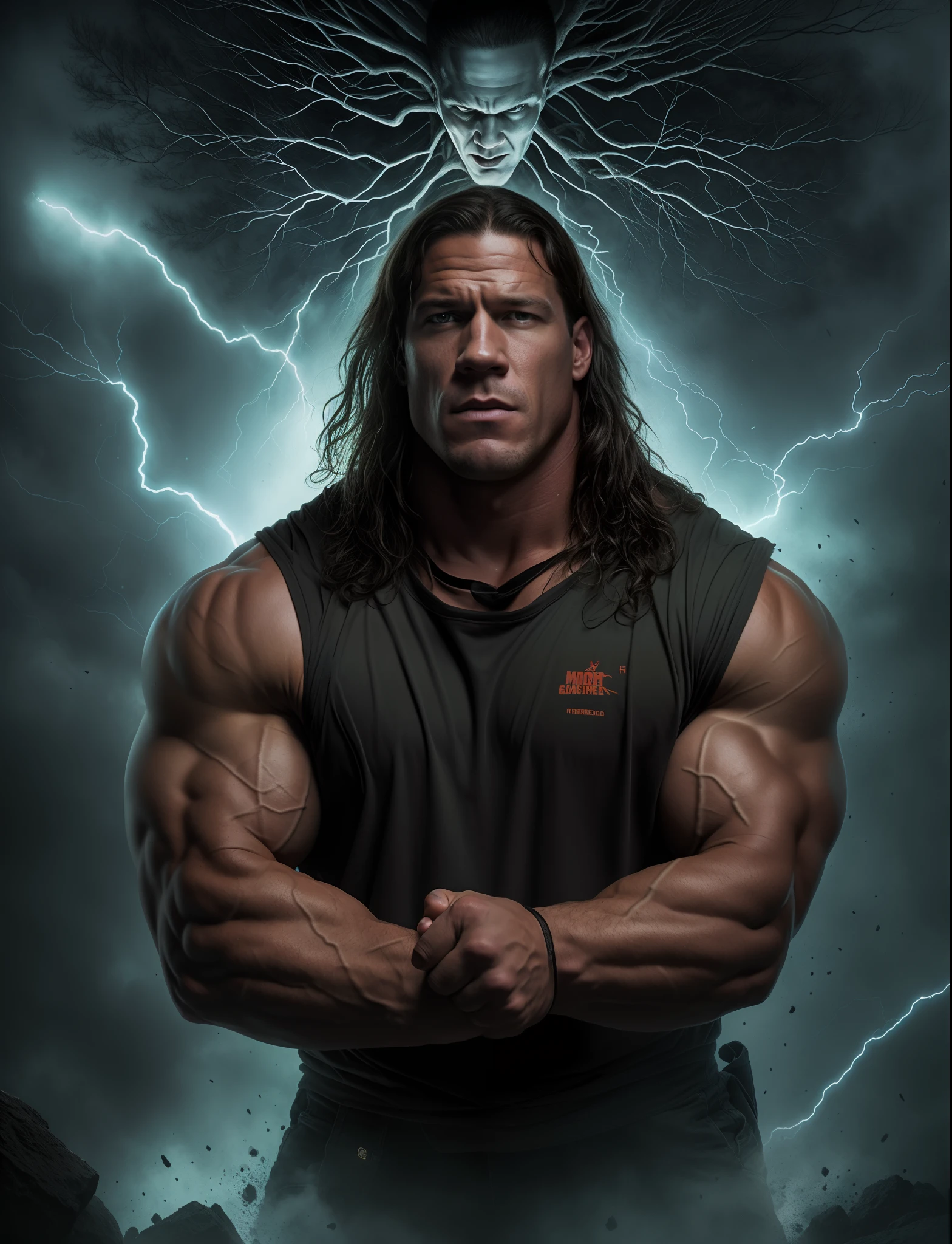 Image of a man with a tree on his head, Terremoto Strogg, Thor Preto, Retrato de Zeus acidentado, inspirado em Ryan Barger, musculoso e aterrorizante, Directed by: Laszlo Balogh, epic portrait of menacing, Technoviking masculino sem camisa, Retrato de John Cena, muscular character, musculoso!! scientific fiction