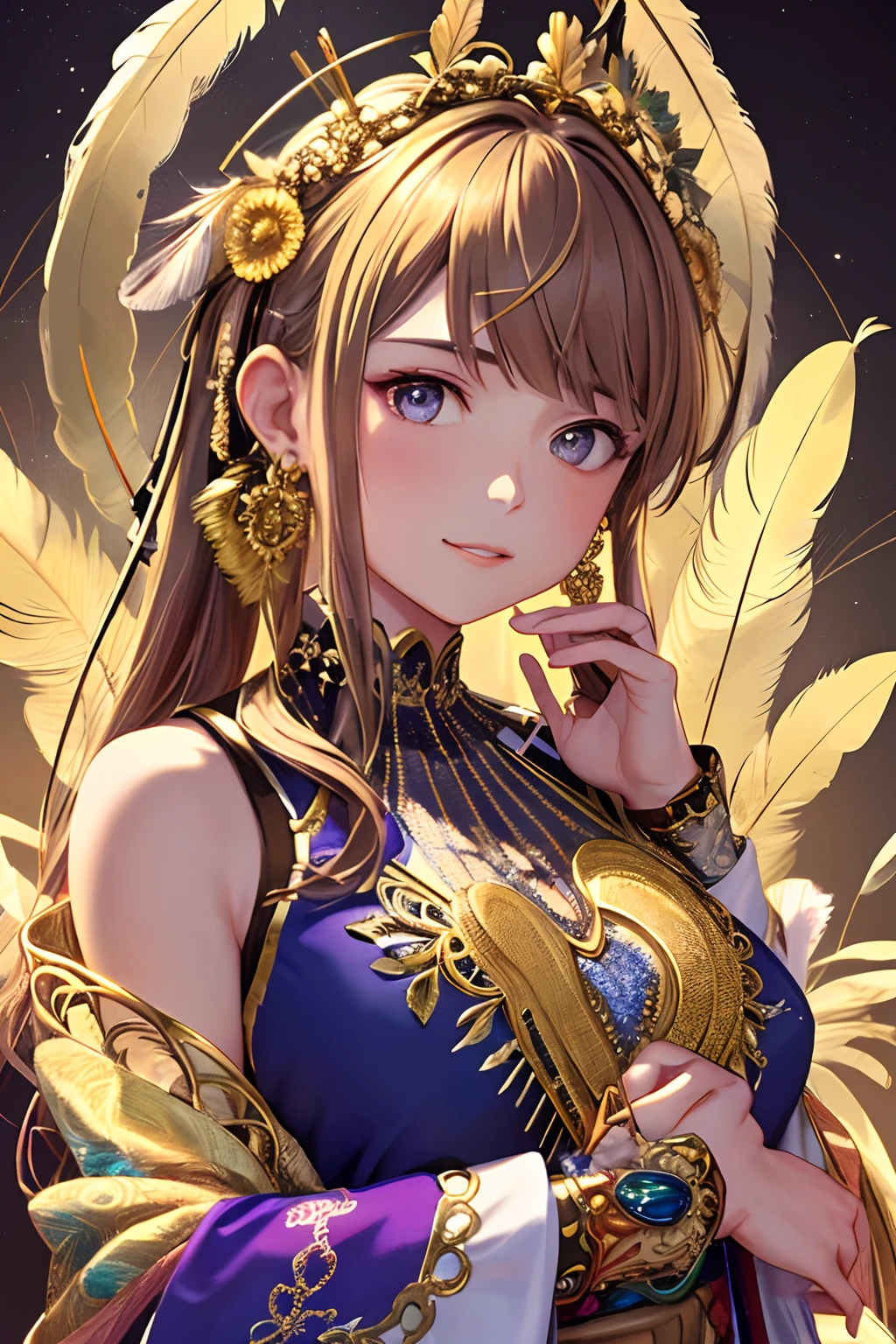 A girl with small breasts, bare shoulders, golden hair, colored feathers, metal ornaments, colored flowers, particles, light rays, (masterpiece, top quality, best quality, official art, beautiful and aesthetic:1.2), (1girl:1.3), extremely detailed,(fractal art:1.1),(colorful:1.1)(flowers:1.3),highest detailed,(zentangle:1.2), (dynamic pose), (abstract background:1.3), (shiny skin), (many colors :1.4), ,(earrings:1.4), (feathers:1.4)