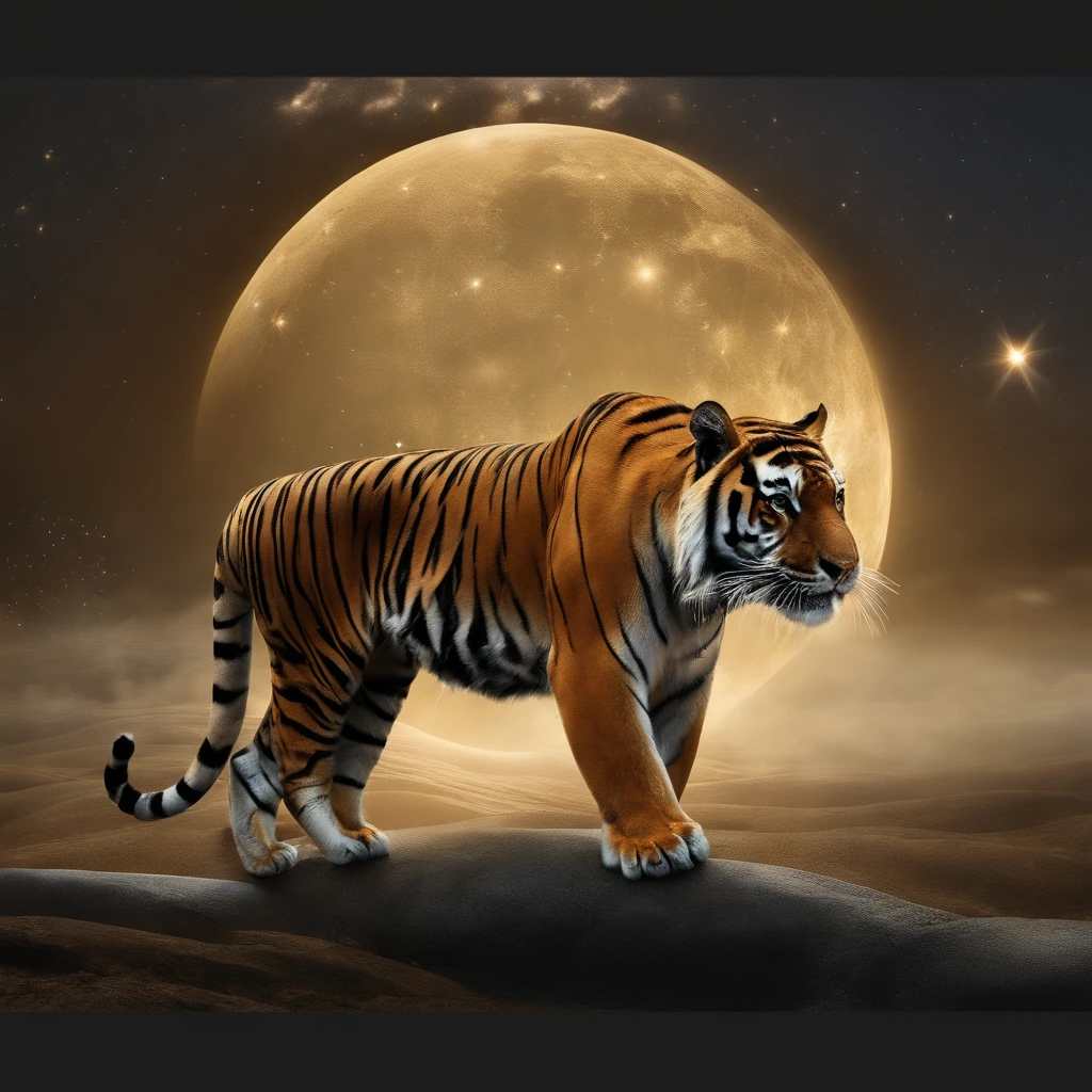 one tiger、one tiger、Wax Moon、Bitcoin gold coins rained down, surrealism, Realism, Verism, spark of light, Cinematic lighting, spark of light, god light, NFFSW, masutepiece, ccurate, Super detail, High details, High quality, Best quality, A high resolution, Anatomically correct