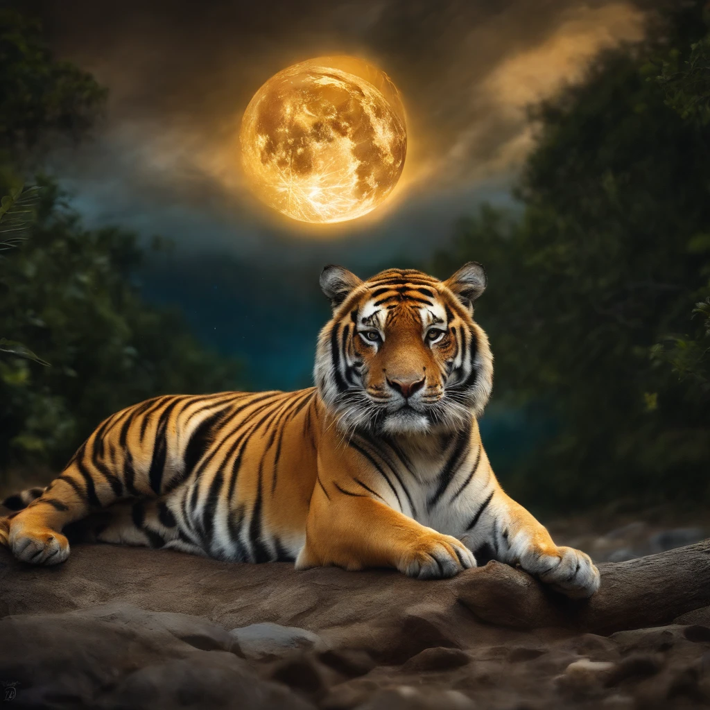 one tiger、one tiger、Wax Moon、Bitcoin gold coins rained down, surrealism, Realism, Verism, spark of light, Cinematic lighting, spark of light, god light, NFFSW, masutepiece, ccurate, Super detail, High details, High quality, Best quality, A high resolution, Anatomically correct