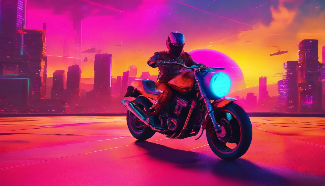 Synthwave motorcycle running at sunset--air 3:2