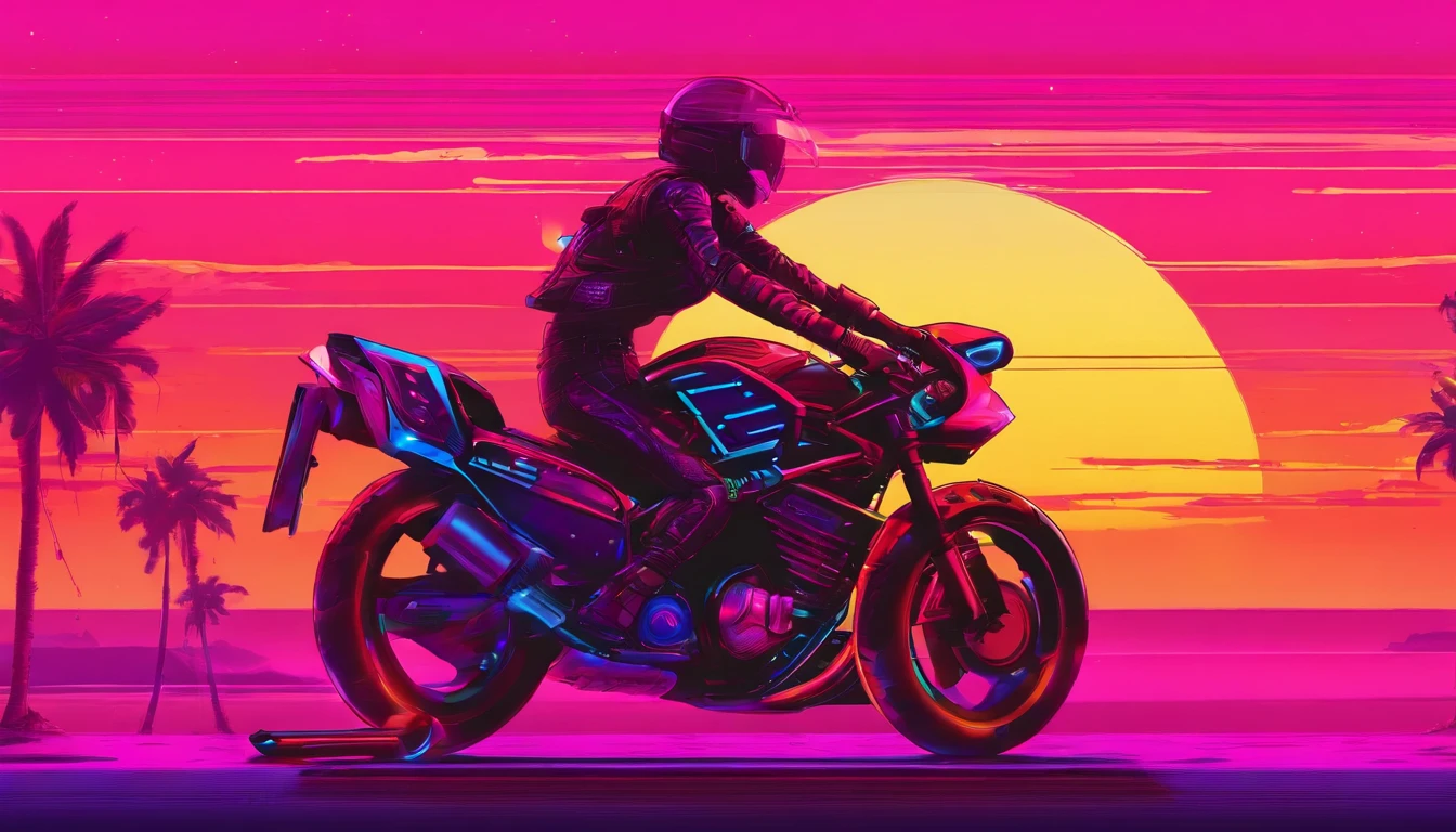 Synthwave motorcycle running at sunset--air 3:2