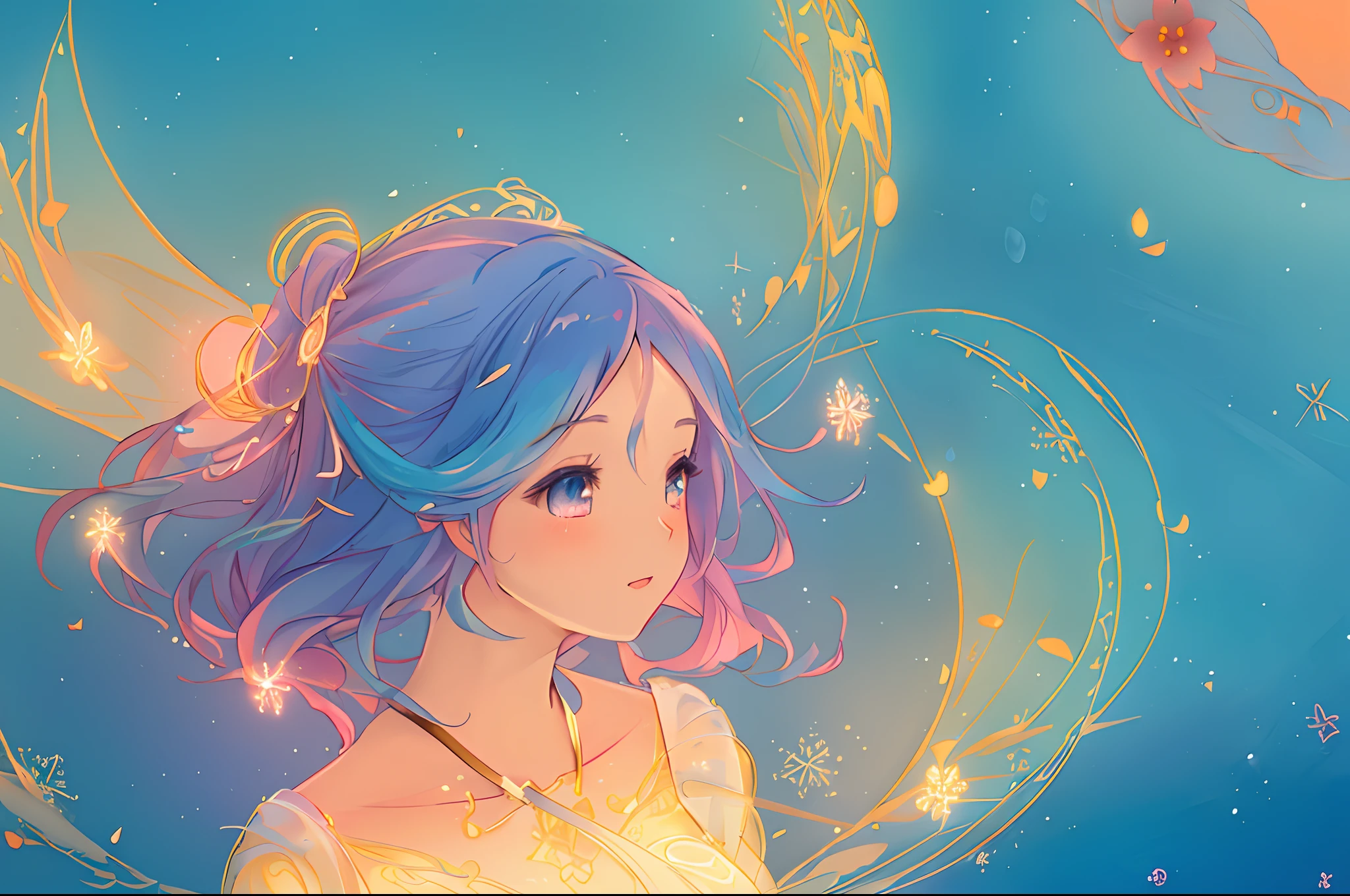 anime, princess flowing gown, glowing ethereal hair, anime girl with cosmic hair, beautiful young wind spirit, beautiful anime art style, beautiful digital illustration, inspired by Glen Keane, inspired by Lois van Baarle, disney art style, glowing aura around her, jen bartel, glowing lights, (masterpiece, best quality), sharp focus, 8k resolution, intricate detail, highly detailed, swirling lines of light, magical lights, whimsical, magical, fantasia background, pastel colors, beautiful girl, golden ratio, perfection, beautiful face, sparkling detailed eyes